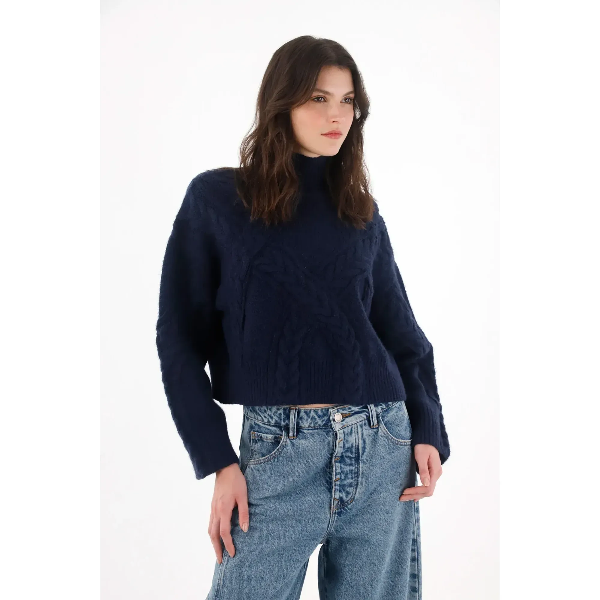 Buzo tejido cerrado azul para mujer