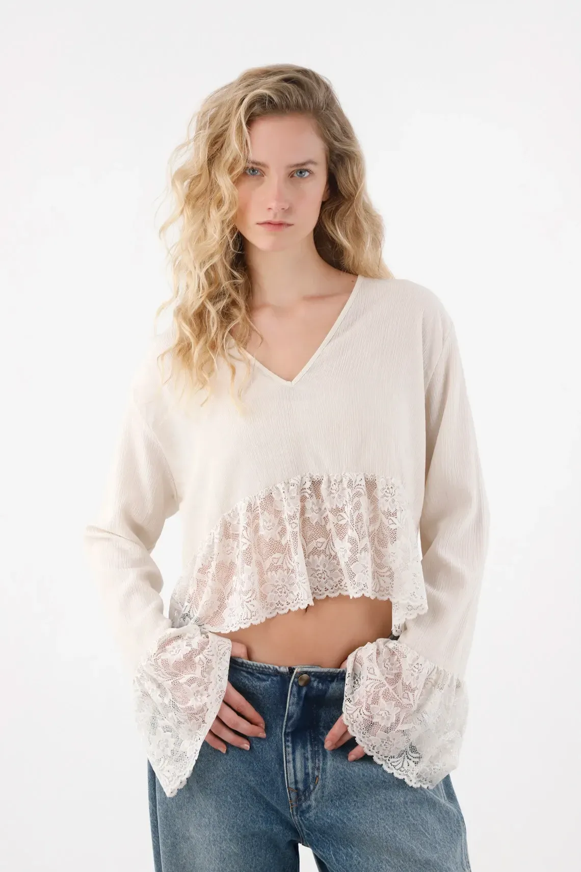 Camisa manga larga de tela con textura gris para mujer