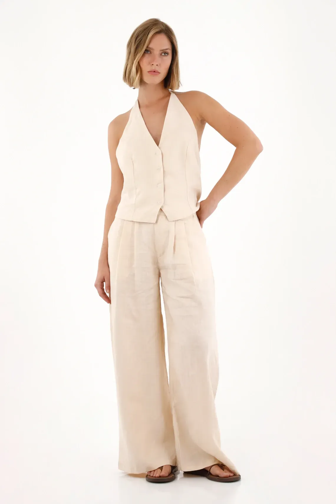 Pantalón Wide Leg en 100% lino crudo para mujer