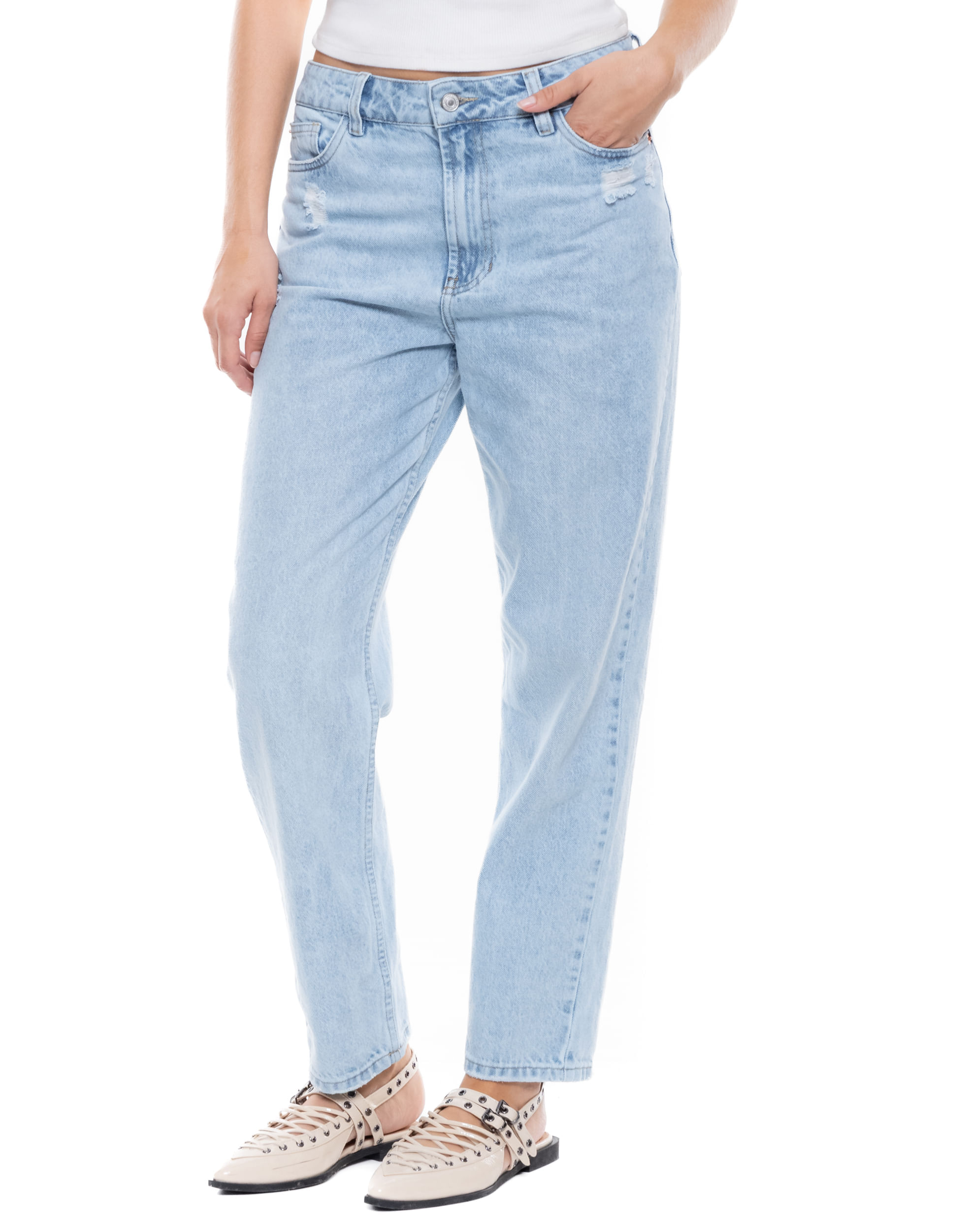 High Waist Mom Fit Jeans Tono Claro Con Rotos