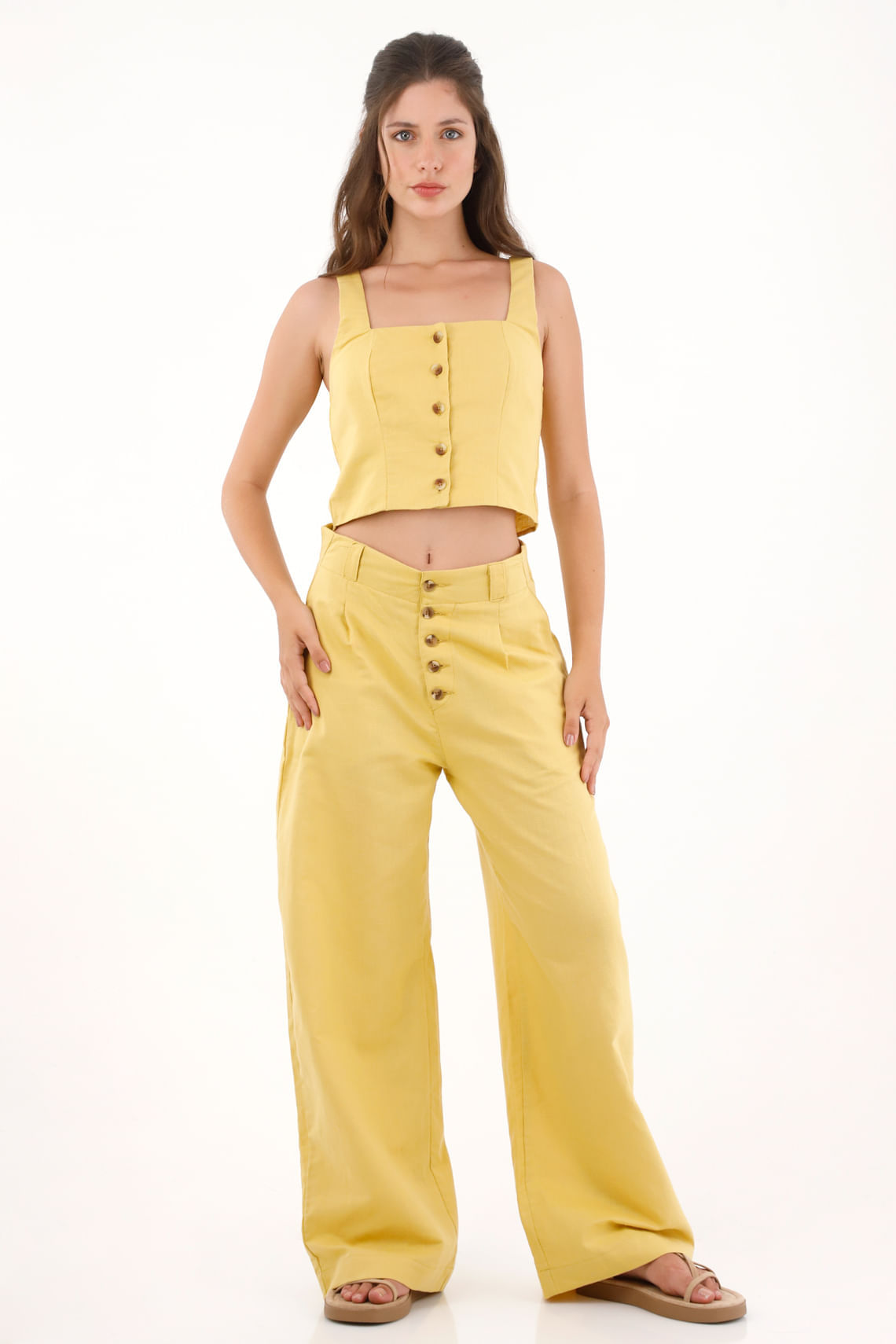Camisa manga sisa con botones amarilla para mujer