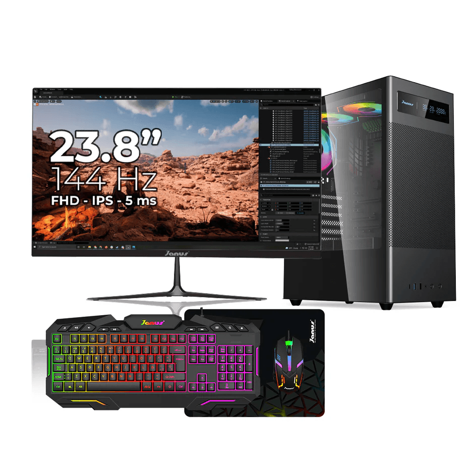 Computador de Escritorio Janus AMD RYZEN 7 5700G Memoria RAM 16GB RGB SSD 512GB M.2 Board A520M Fuente Janus 400W MONITOR IPS 23.8" 144HZ WINDOWS PREI