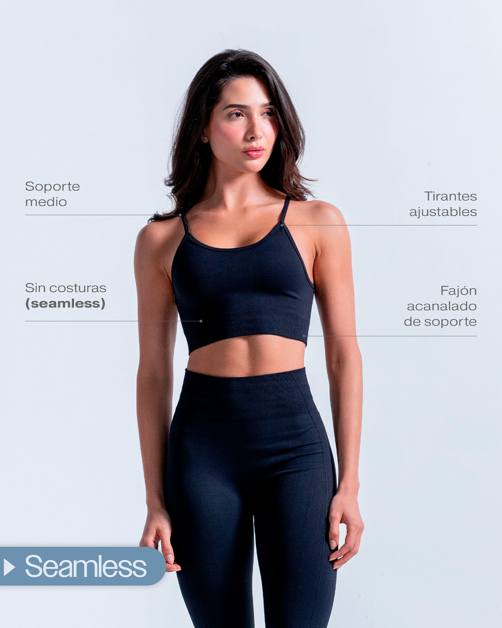 Crop Top De Tirantes Sin Costuras,  Color NEGRO  Para Mujer