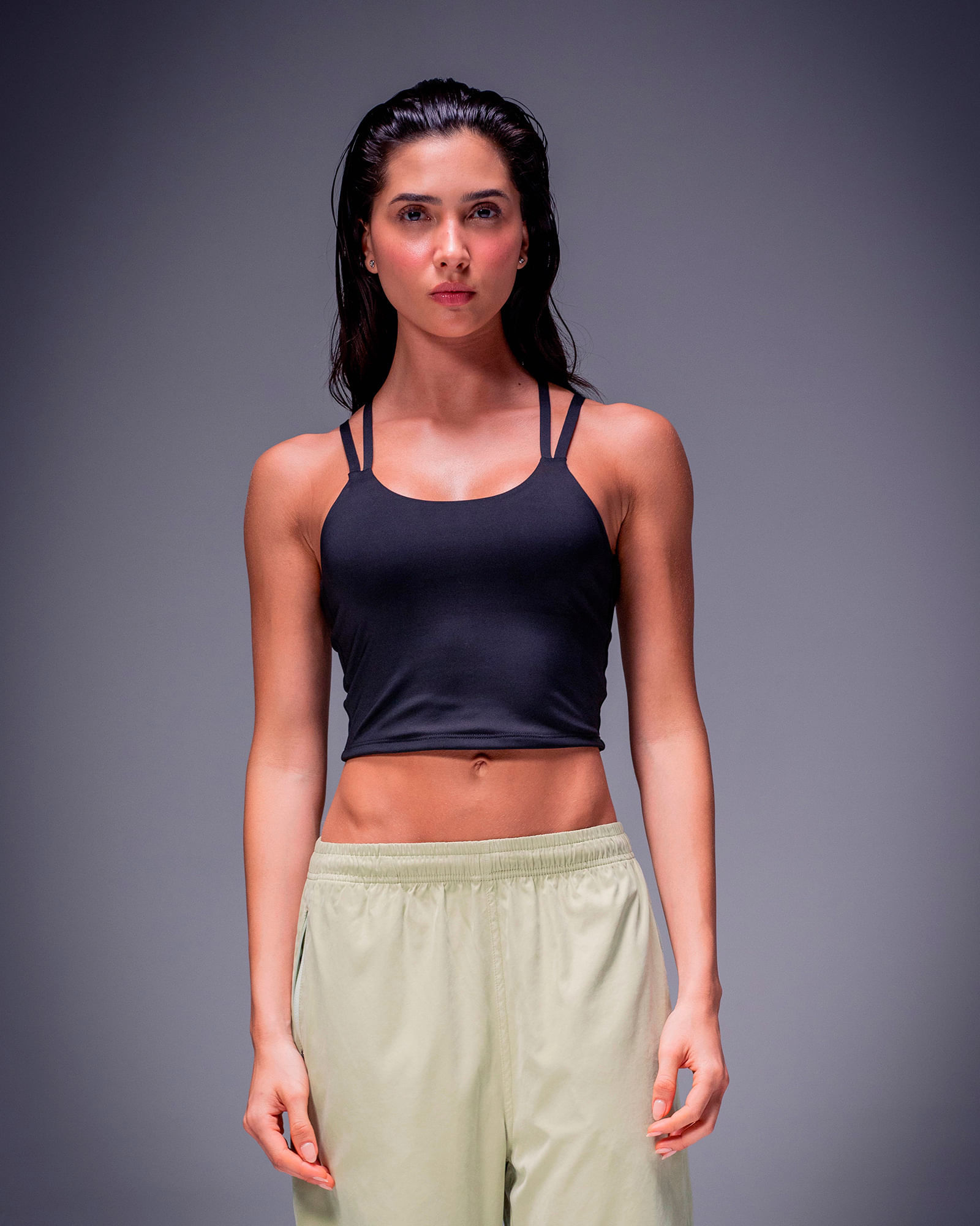 Crop Top Manga Larga Con Transparencia,  Color NEGRO  Para Mujer