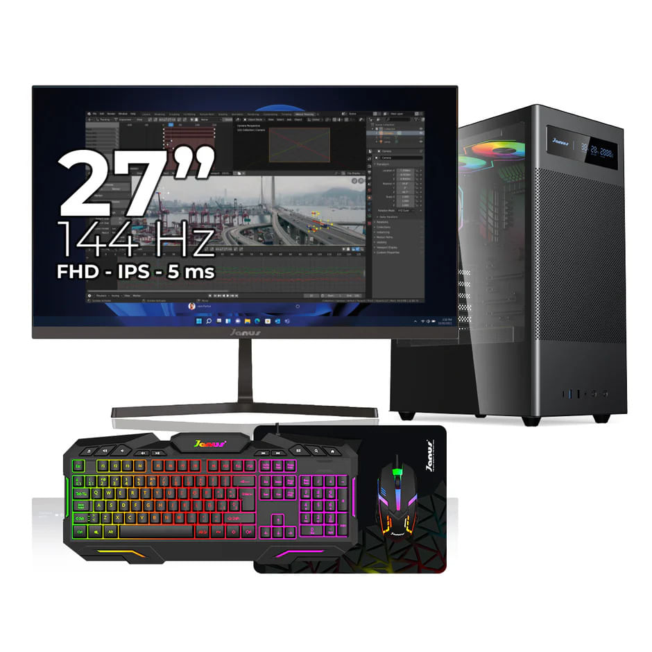Computador de Escritorio Janus AMD RYZEN 7 5700G Memoria RAM 16GB RGB SSD 512GB M.2 Board A520M Fuente Janus 400W MONITOR JANUS 27" 144HZ Windows Prei