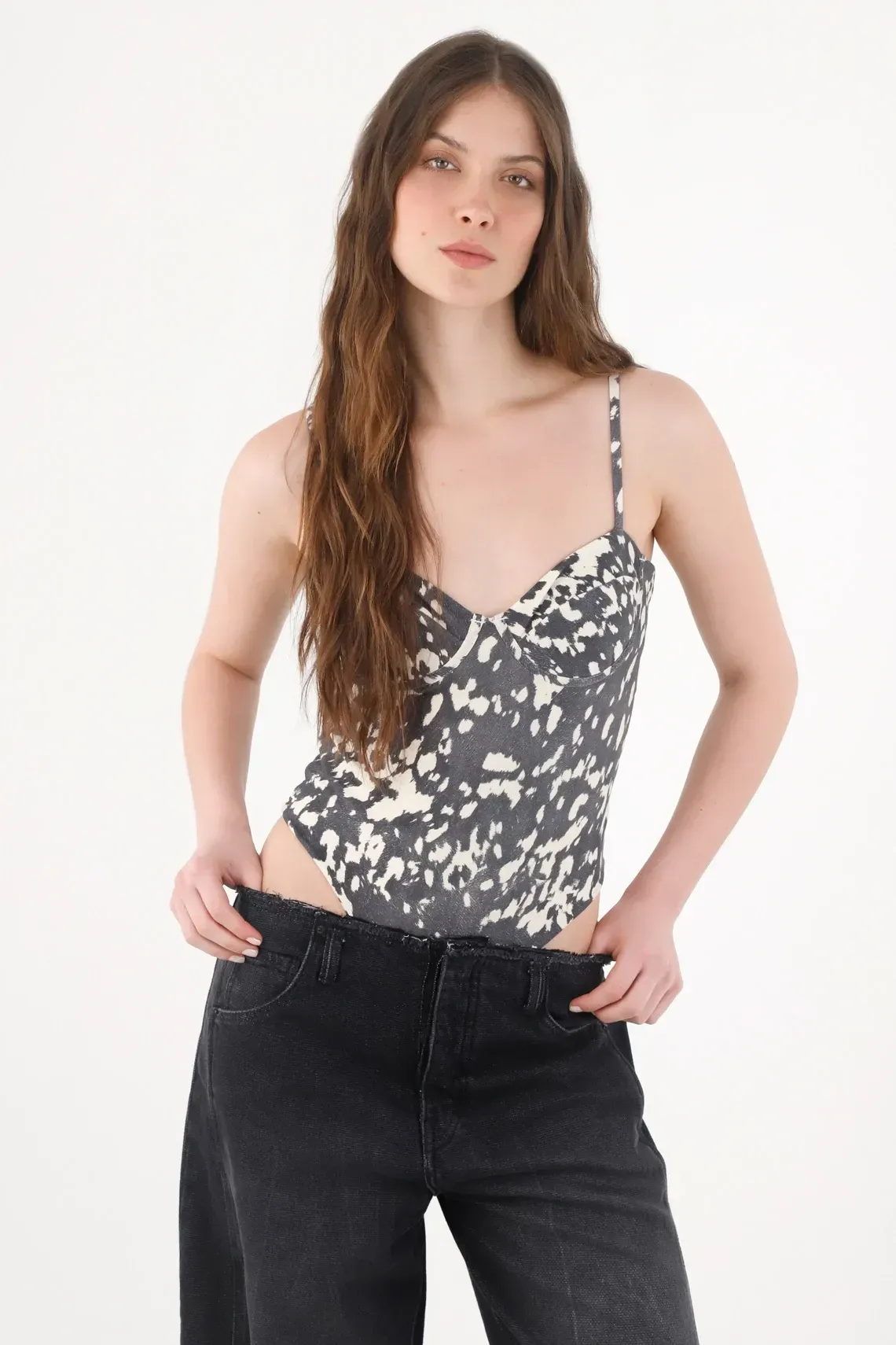 Body para mujer algodón gris ajustado con escote corazón