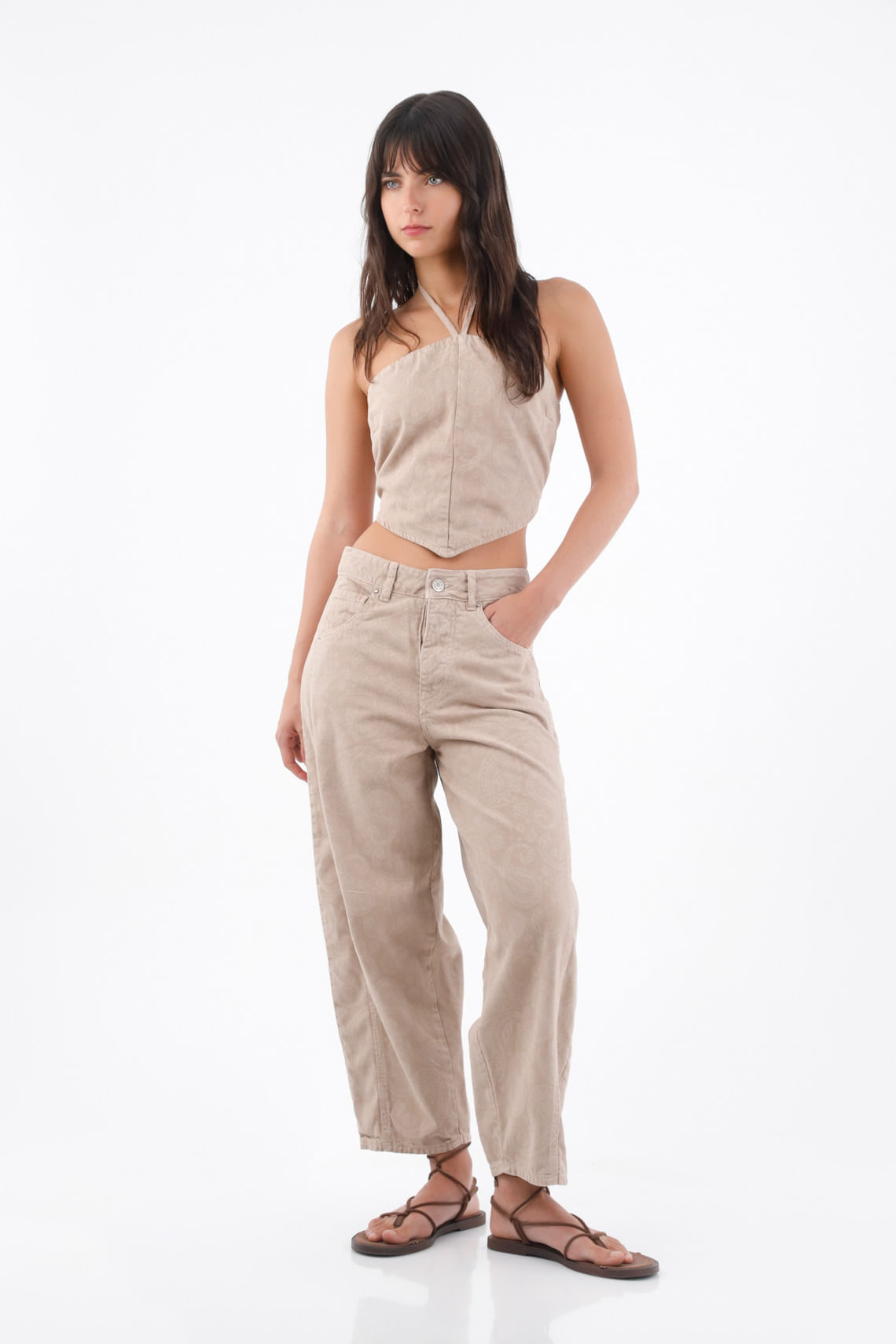 Top halter para mujer de algodón beige corto con tiras