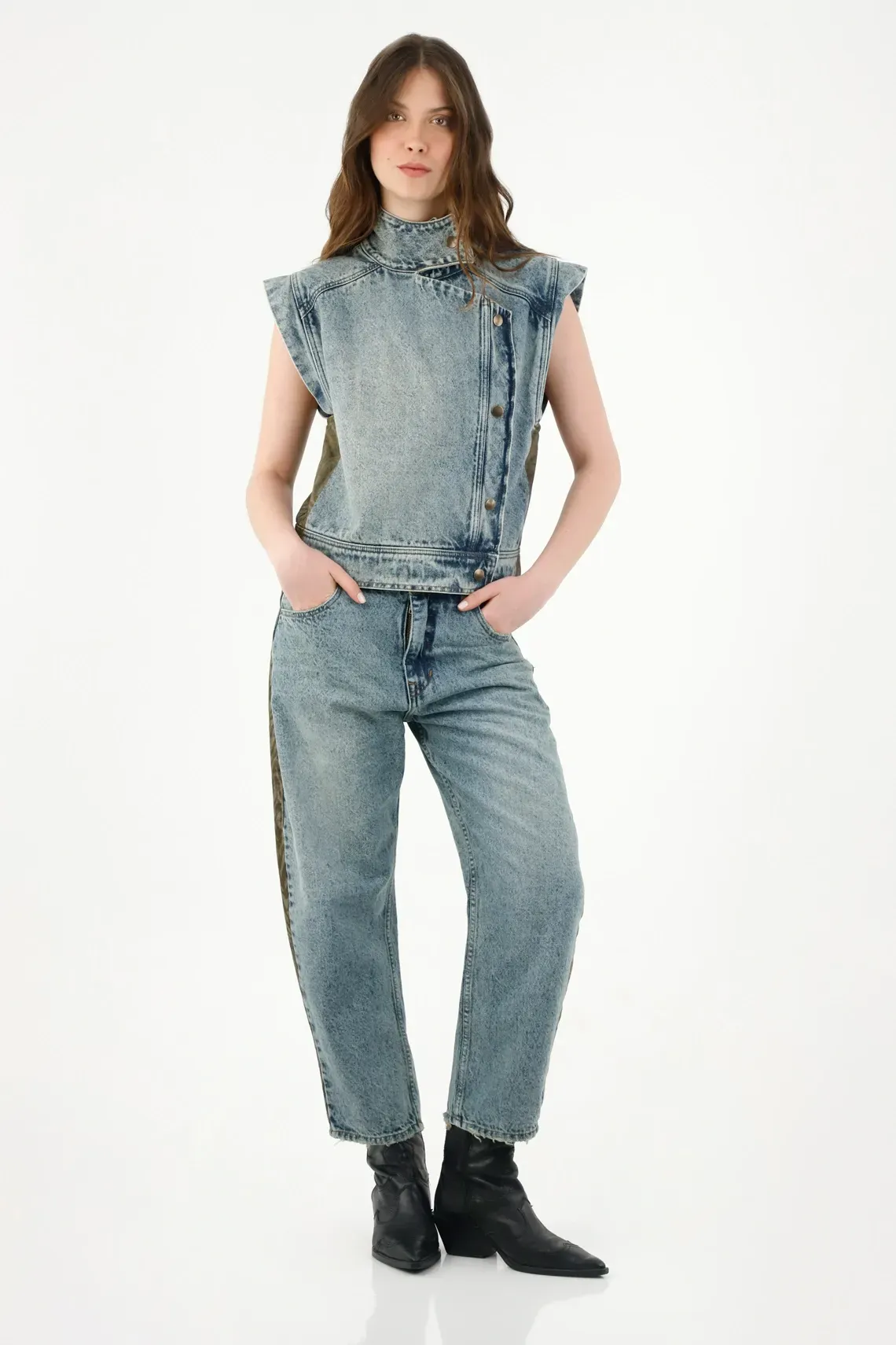 Jean para mujer de algodón azul slouchy con pretina