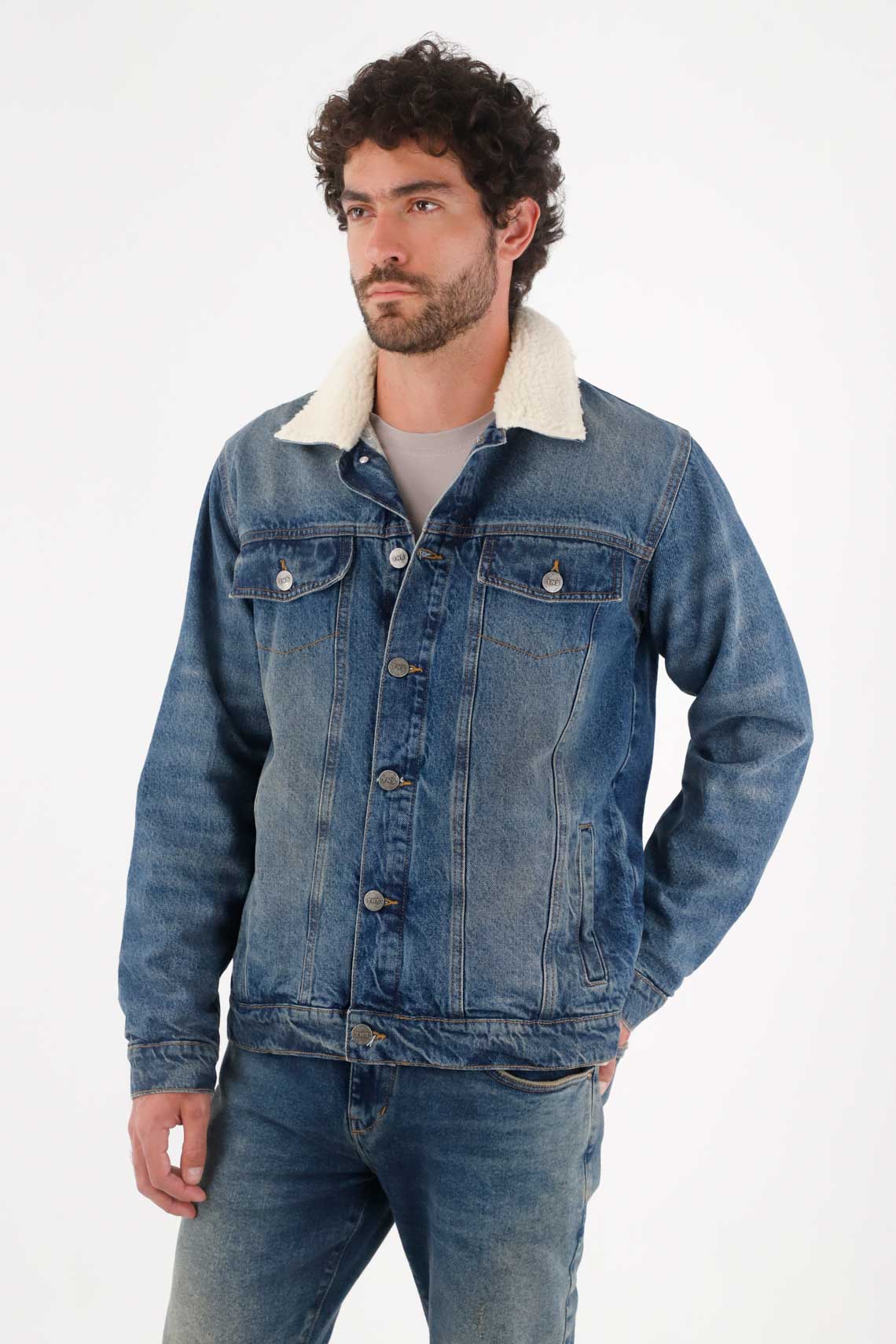 Abrigo para hombre algodón azul fit recto con borreguito