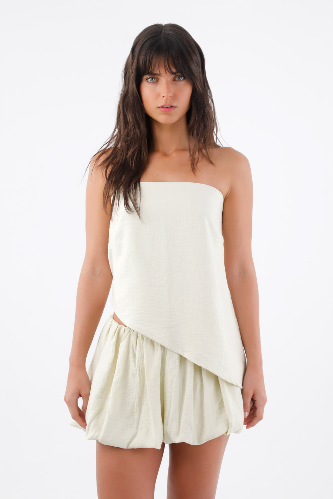 Blusa para mujer en viscosa marfil strapless asimétrica