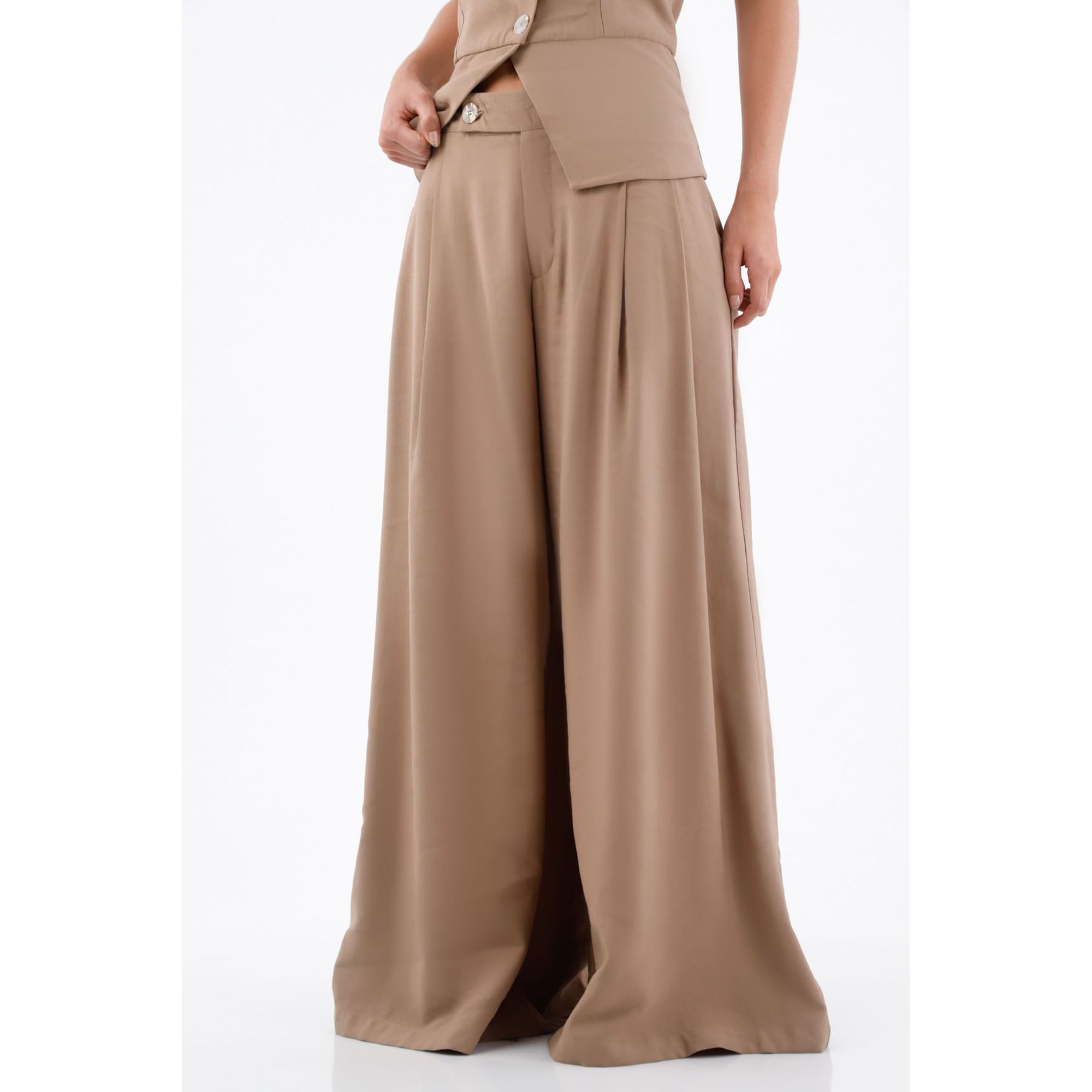 Pantalón para mujer viscosa arena palazzo con pliegues frontales
