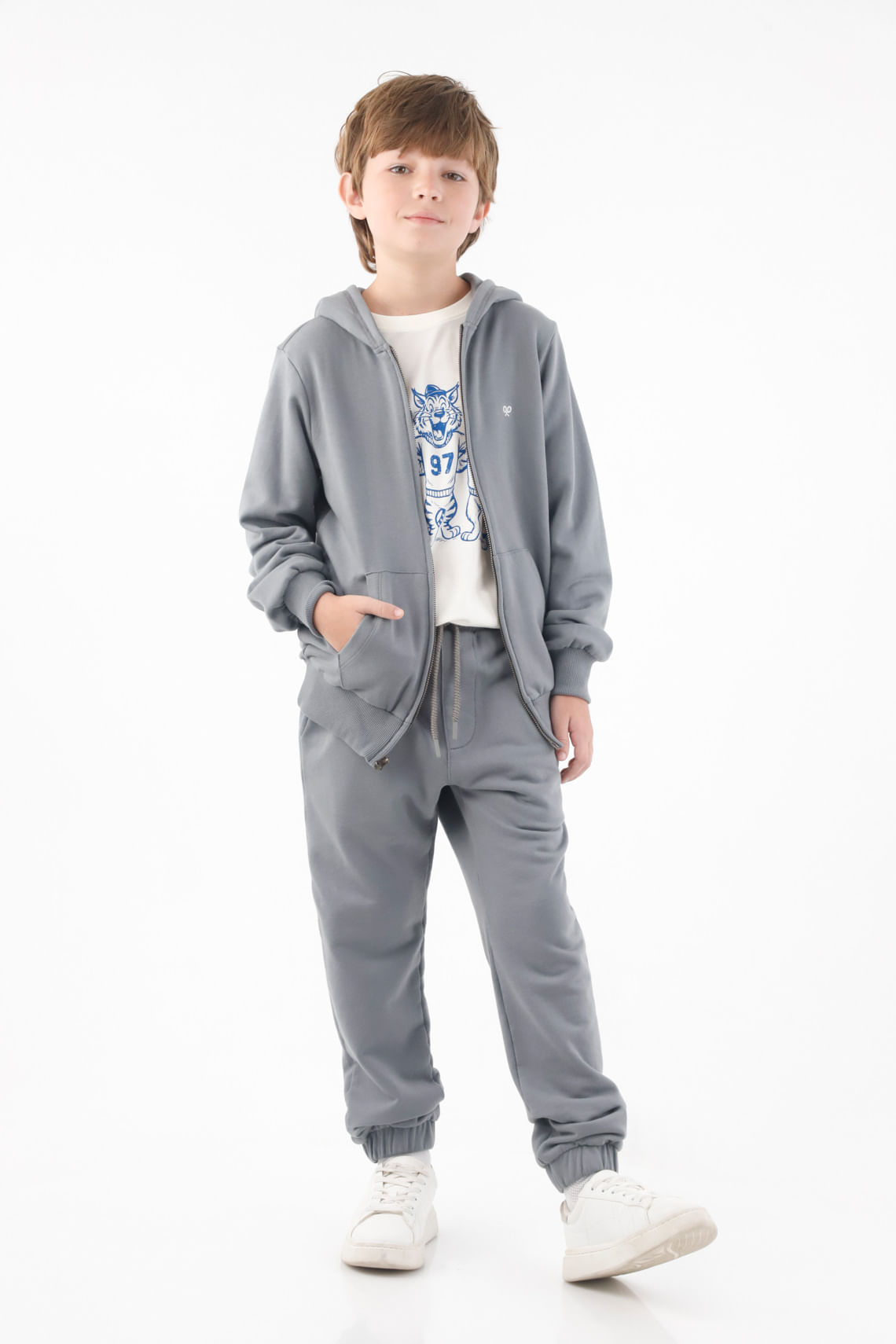 Buzo con capucha para niño de algodón gris regular fit con cierre frontal