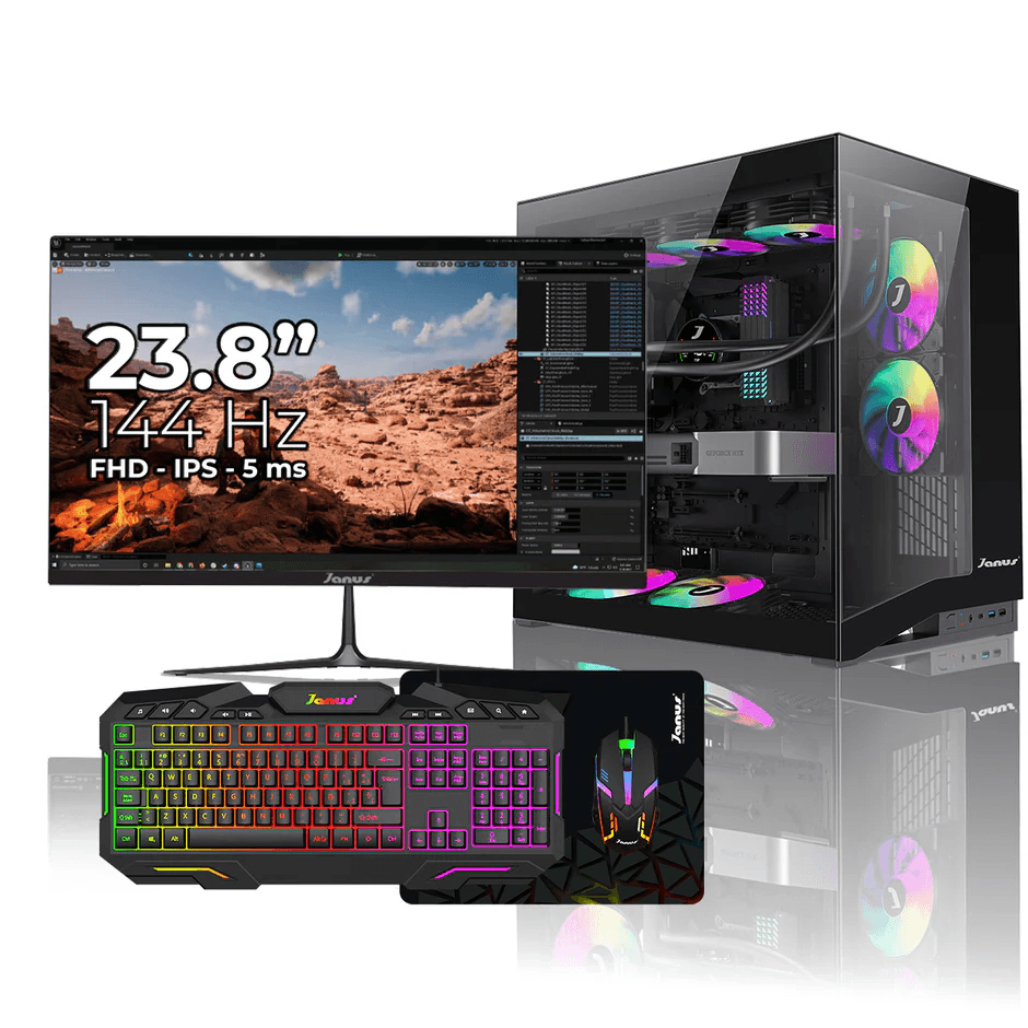 Computador de Escritorio Janus AMD RYZEN 5 5600GT Memoria RAM 16GB SSD 512GB M.2 Board A520M PRO4 Fuente Janus 400W Monitor 23.8 " Ips 144HZ