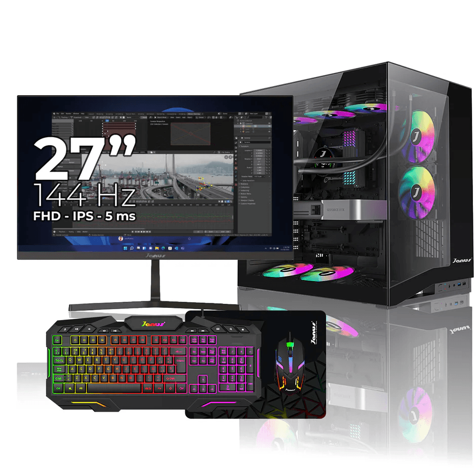 Computador de Escritorio Janus AMD RYZEN 5 5600GT Memoria RAM 16GB SSD 512GB M.2 Board A520M PRO4 Fuente Janus 400W MONITOR 27" 144HZ WINDOWS PREINSTA