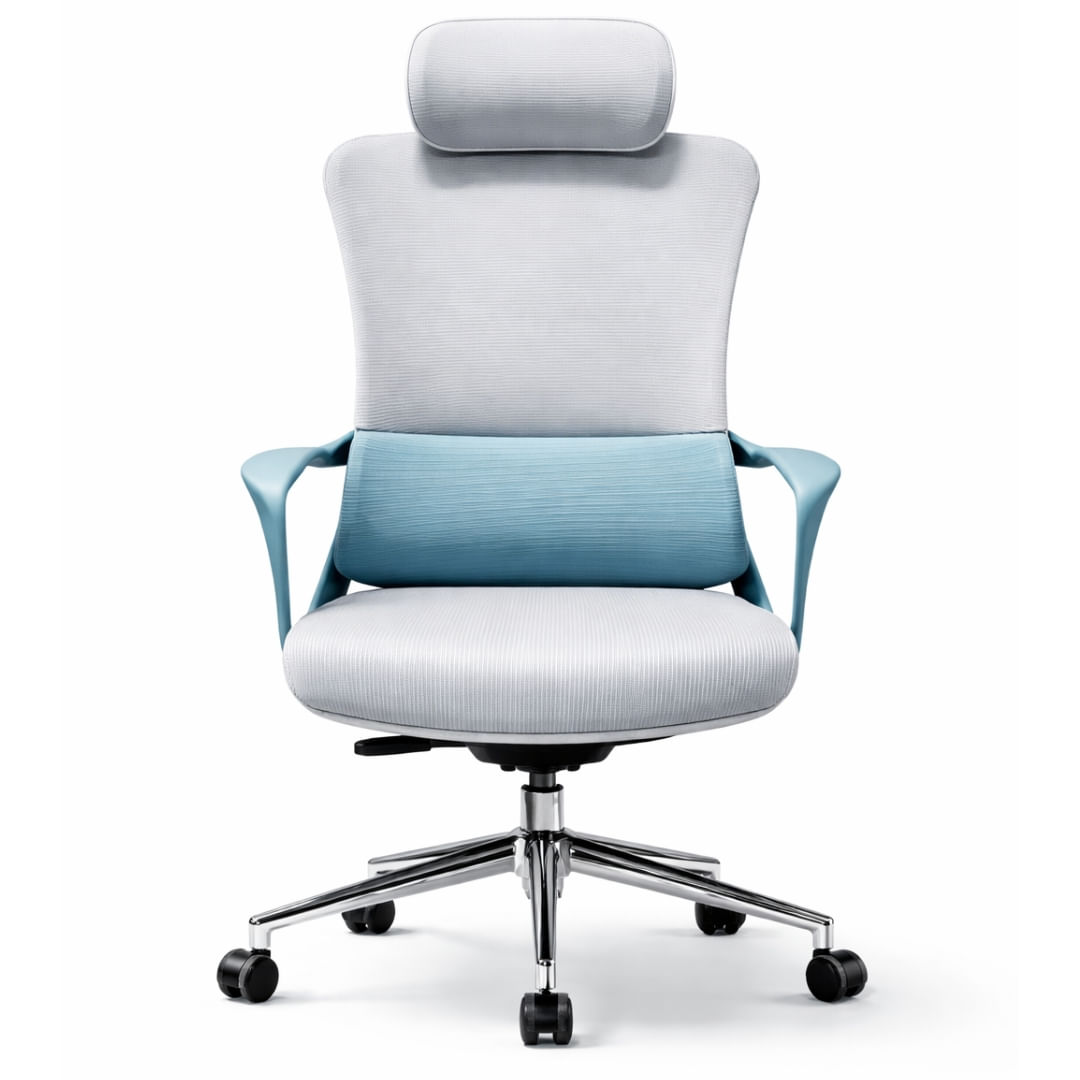 Silla Gerencial Beijing Gris Y Azul Con Cabecero Ergonómico Gris Malla