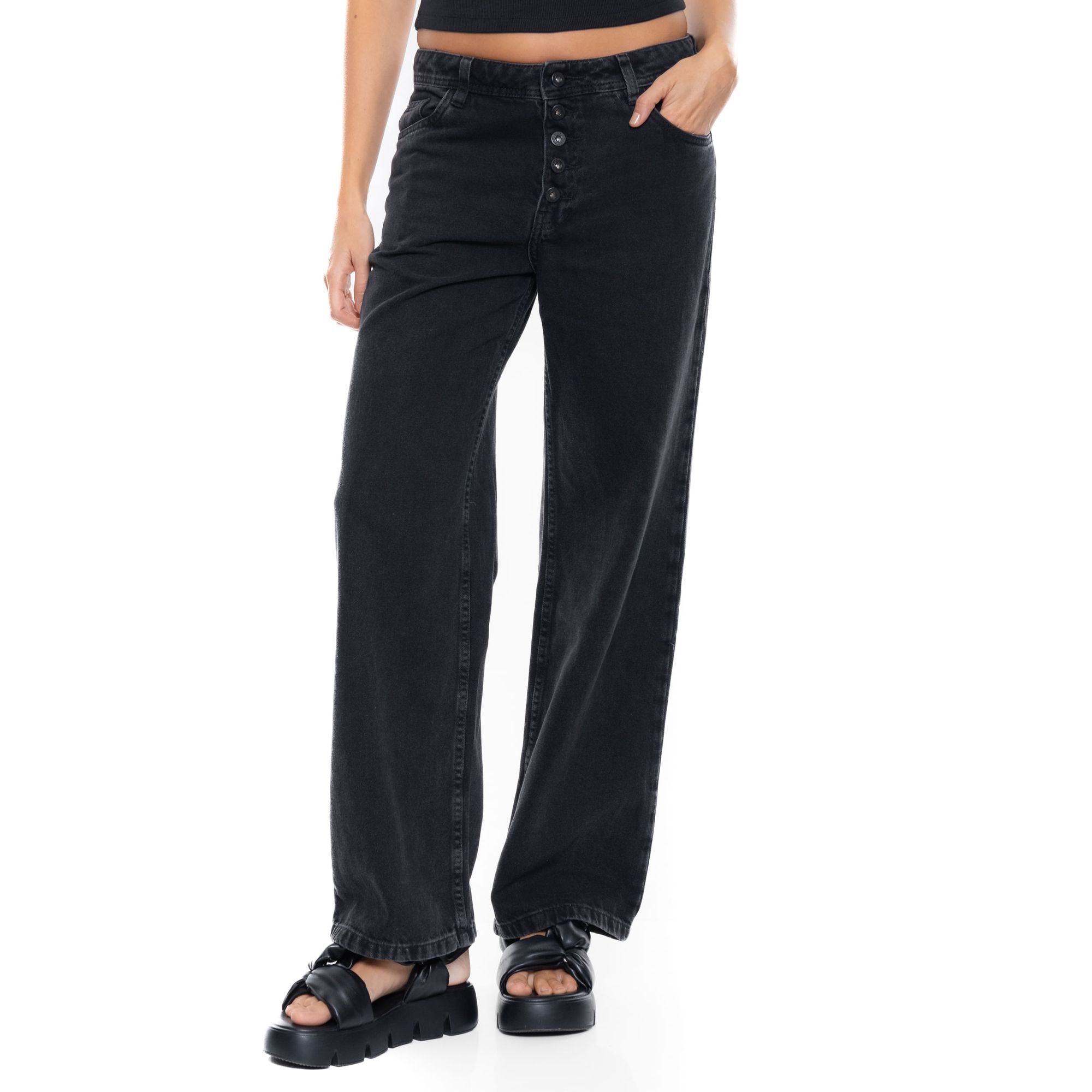 Black Denim Wide Leg Jeans Medium Waist