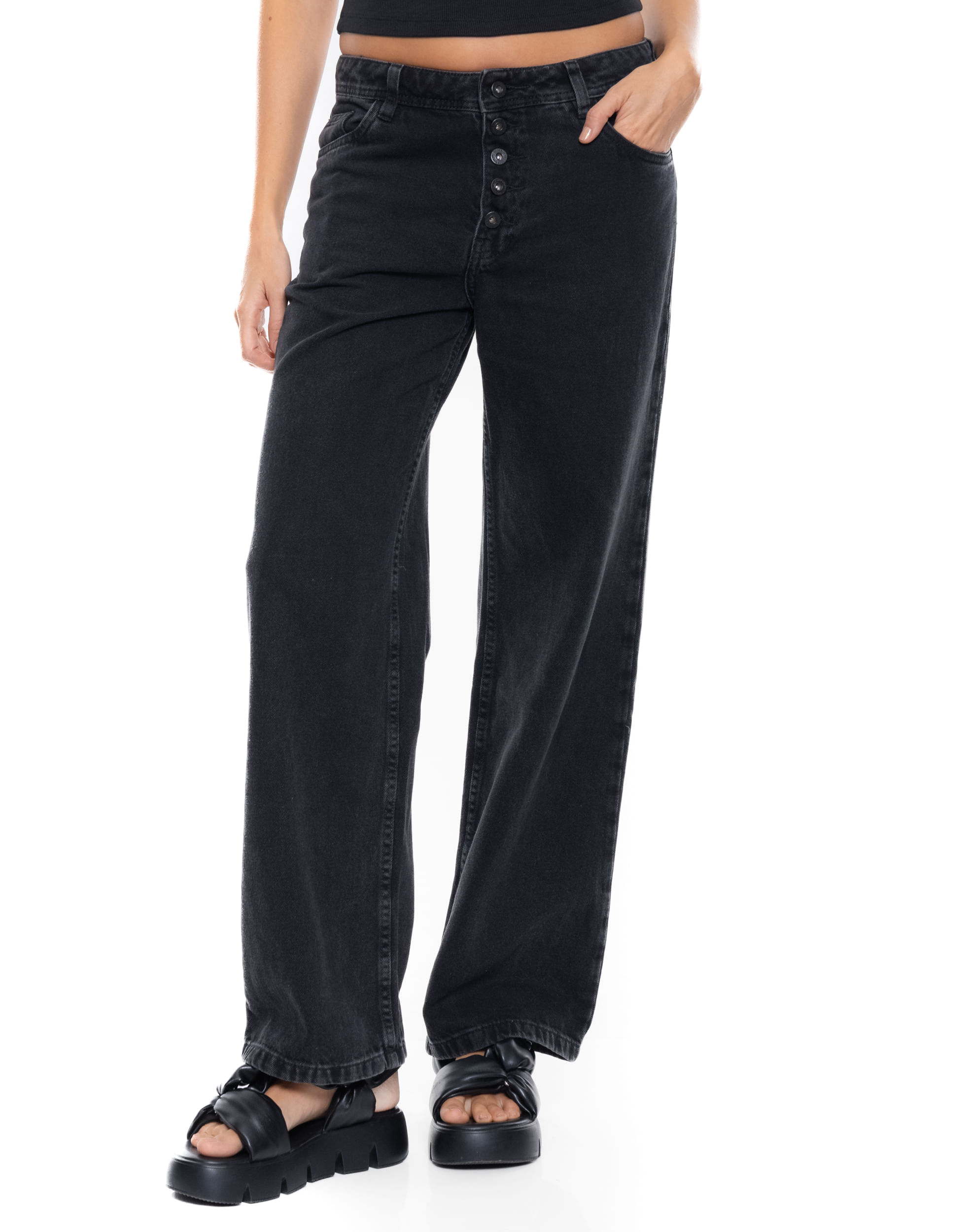 Black Denim Wide Leg Jeans Medium Waist