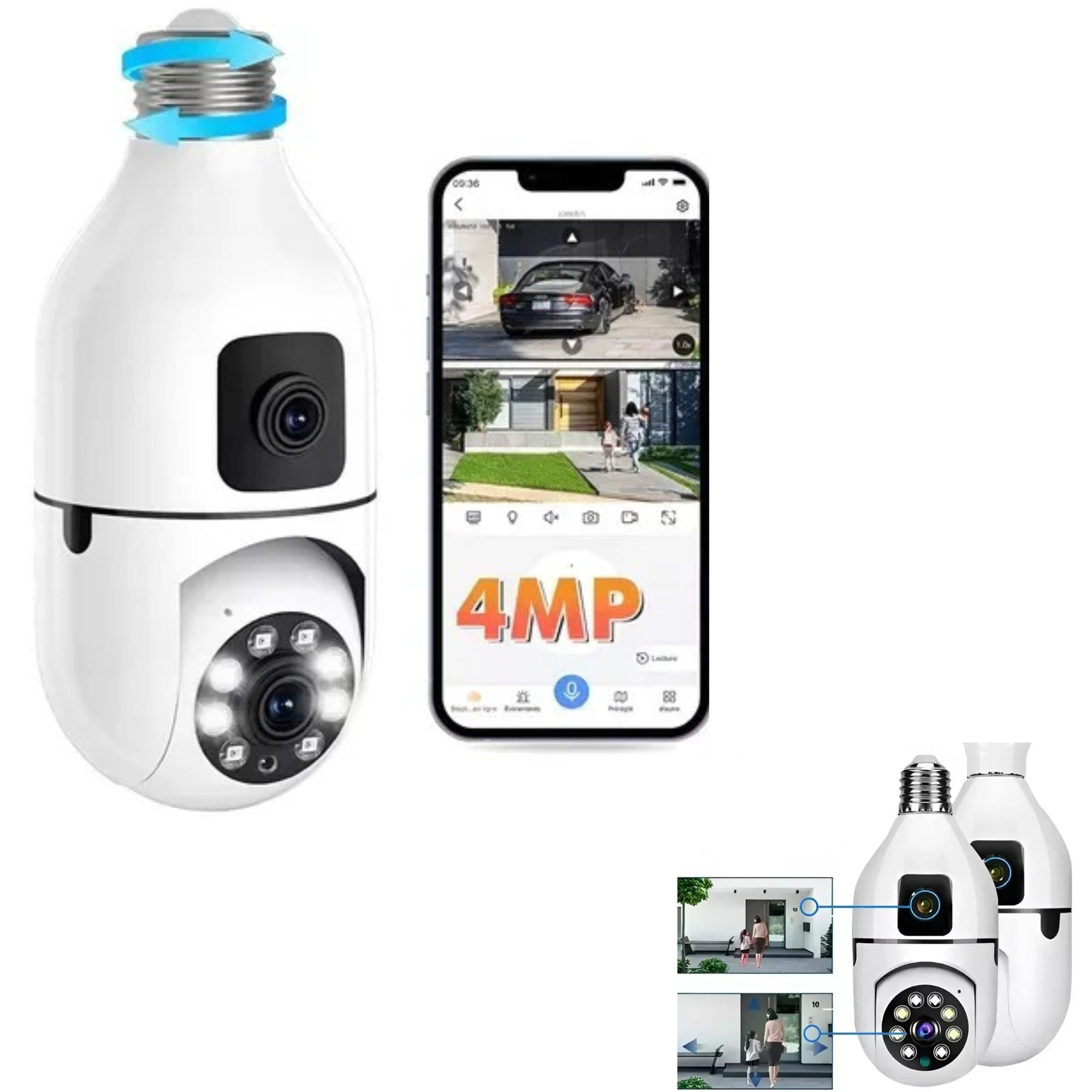 Camara Vigilancia Bombillo Camara Vigilancia Interior Doble Camaras 360° Visio Nocturna