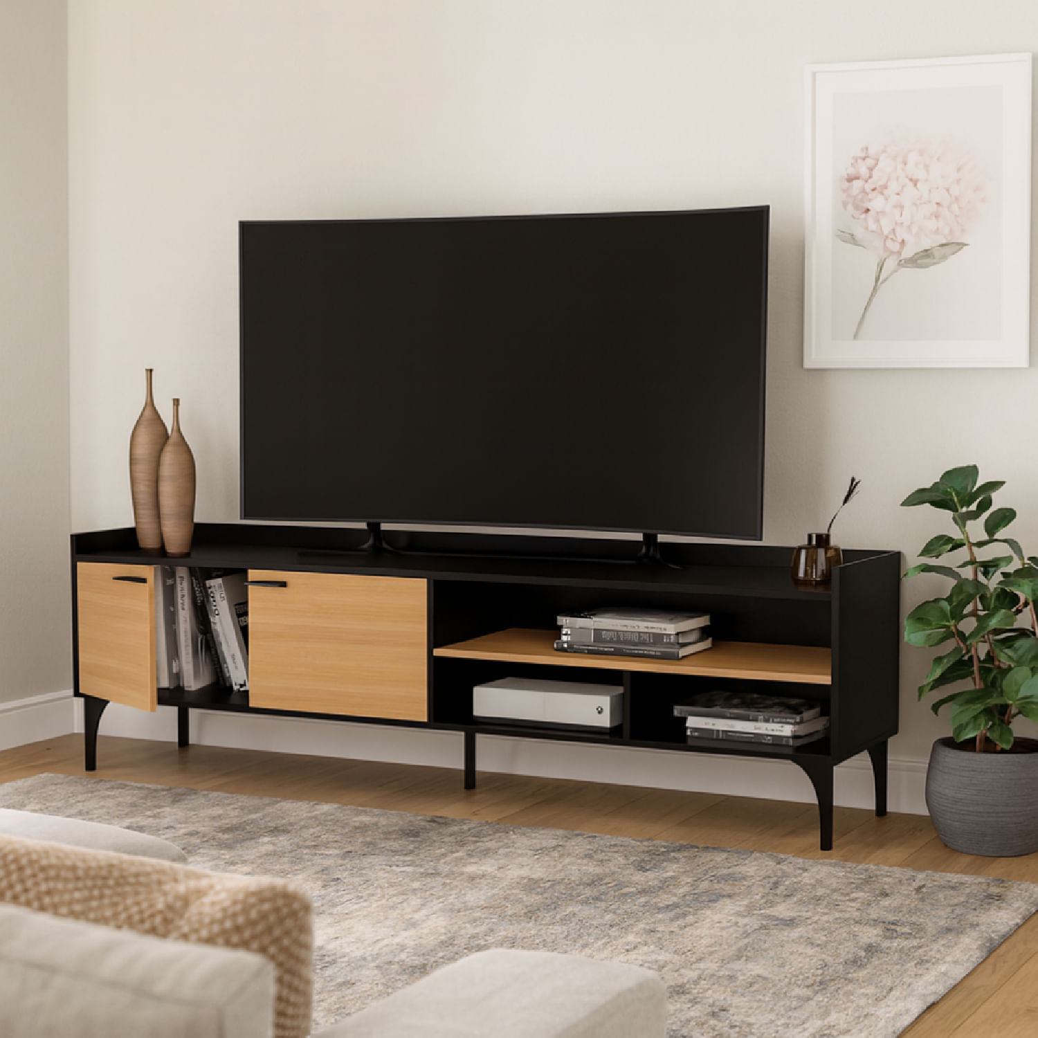 Mesa Style para TV 77"  55X180X30cm Negro/Madera