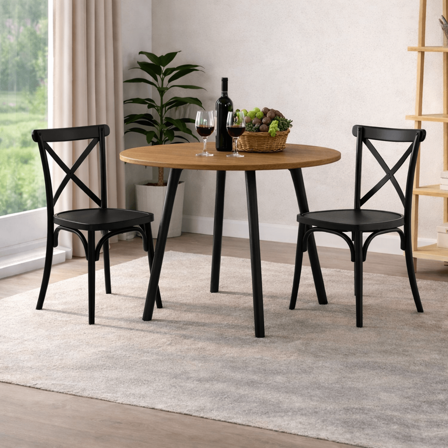 Combo Comedor Redondo (74.5x80x80cm) Amaretto + 2 Sillas Ibiza Negras