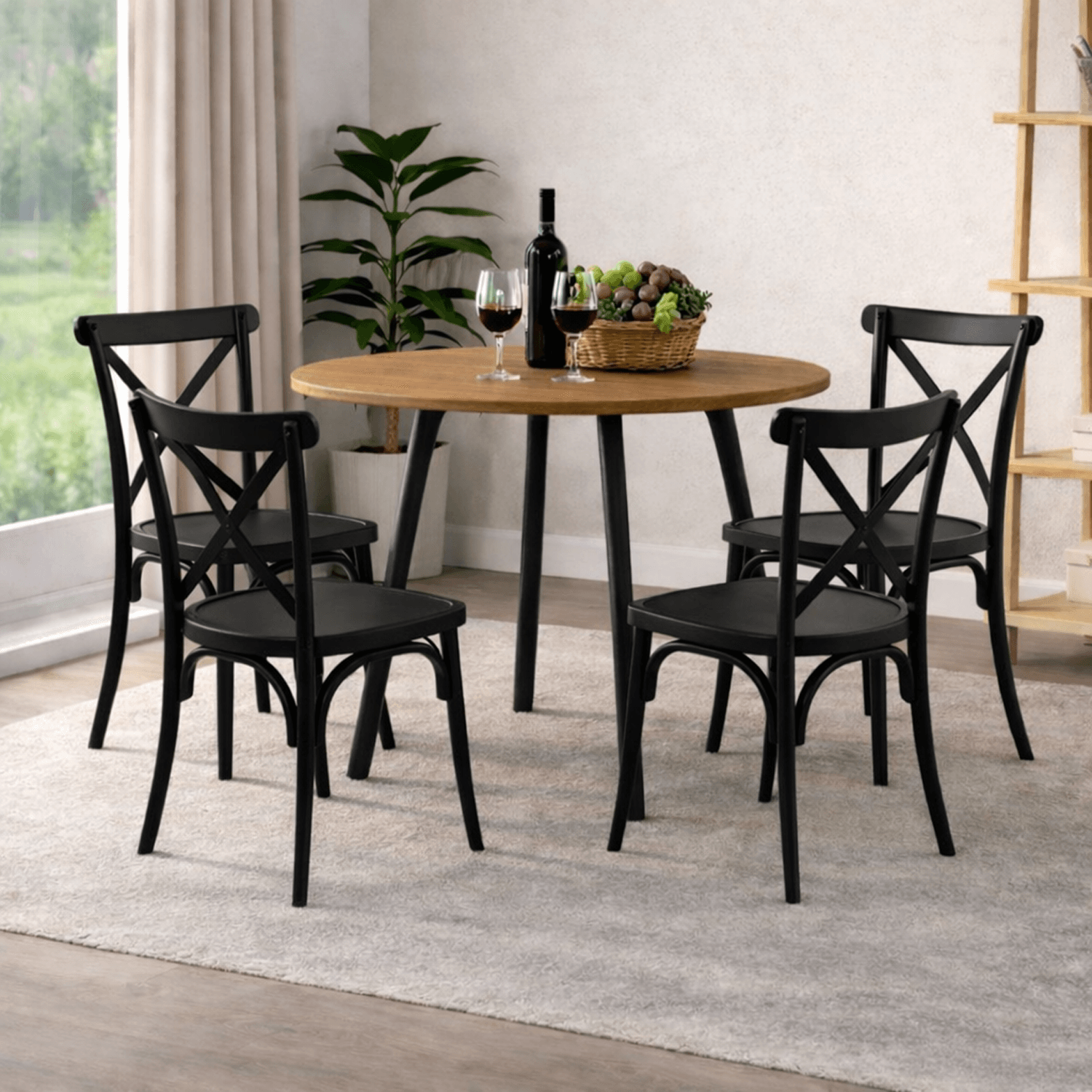 Combo Comedor Redondo (74.5x80x80cm) Amaretto + 4 Sillas Ibiza Negras
