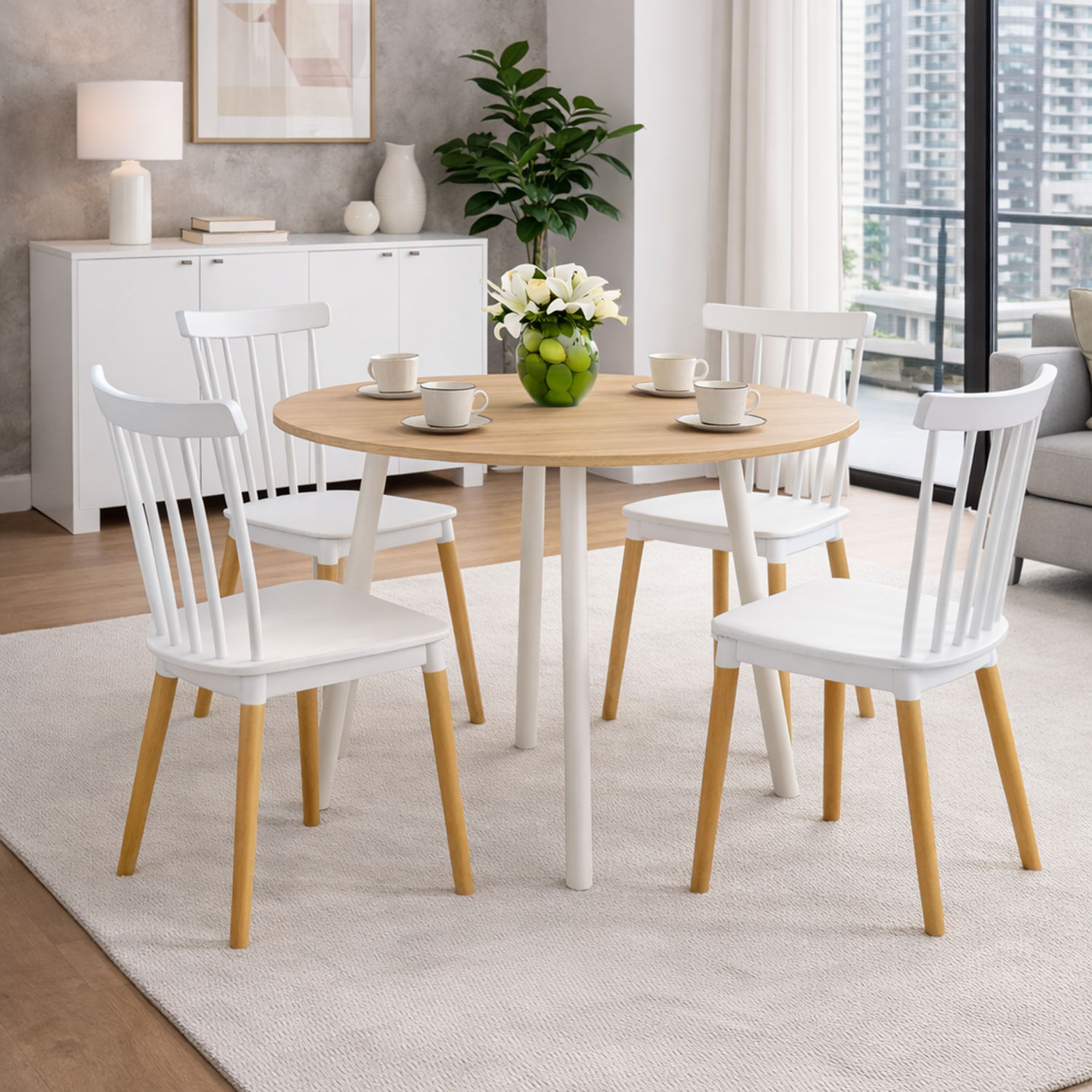 Combo Comedor Redondo (74.5x80x80cm) Vienes + 4 Sillas Guam Blancas