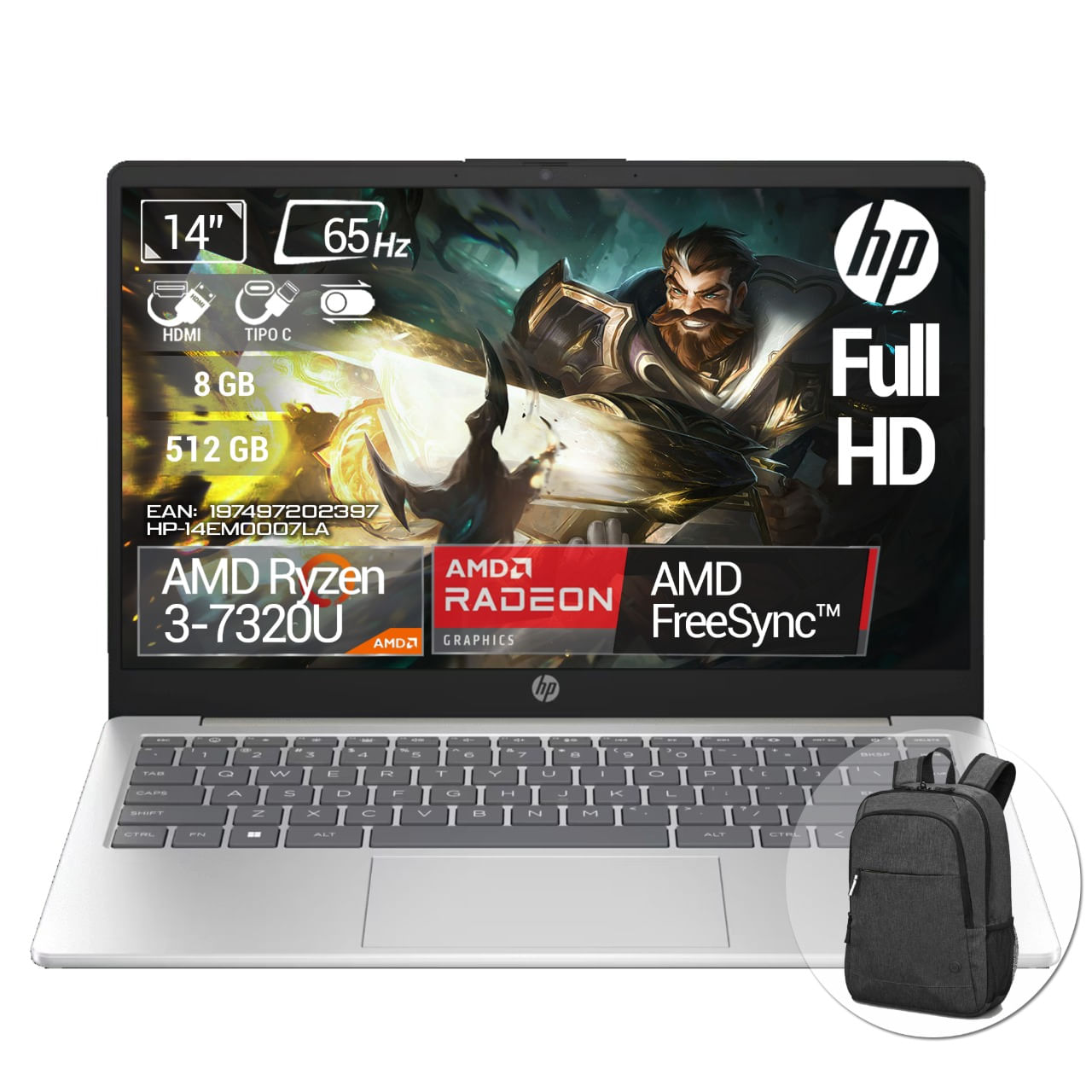 Computador HP 14-em0007la AMD Ryzen 3-7320U Ram 8GB 512GB 14 Pulgadas FHD + Bolso