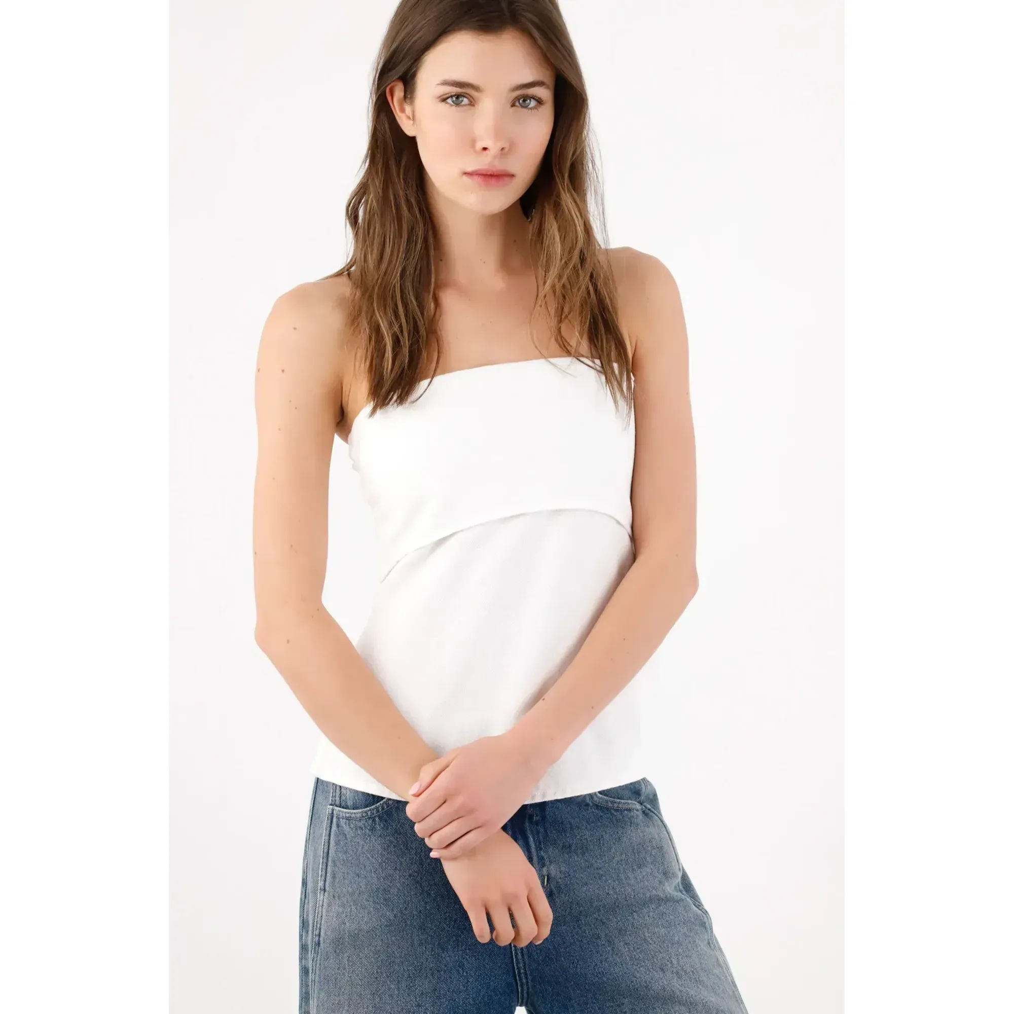 Top strapless recto con doblez frontal en algodón blanco para mujer