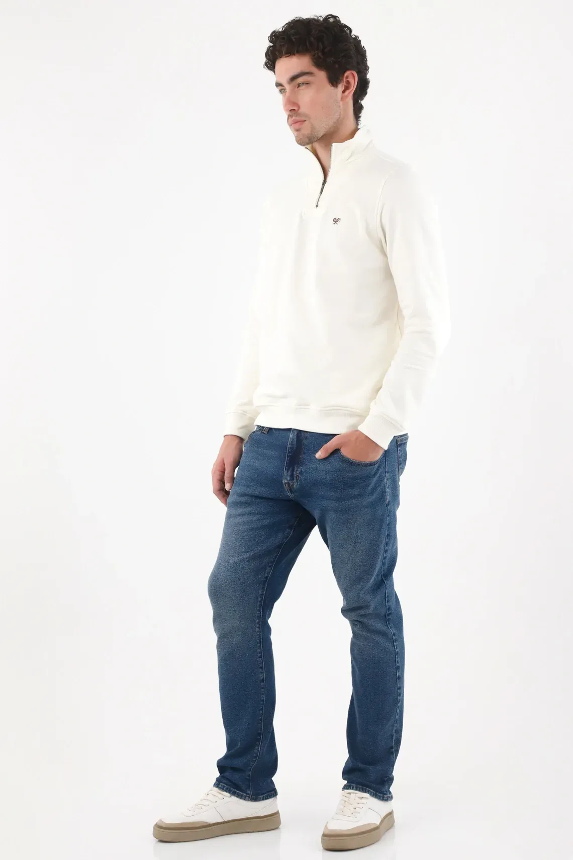 Jean regular fit con lavado medio desgastado de algodón azul para hombre