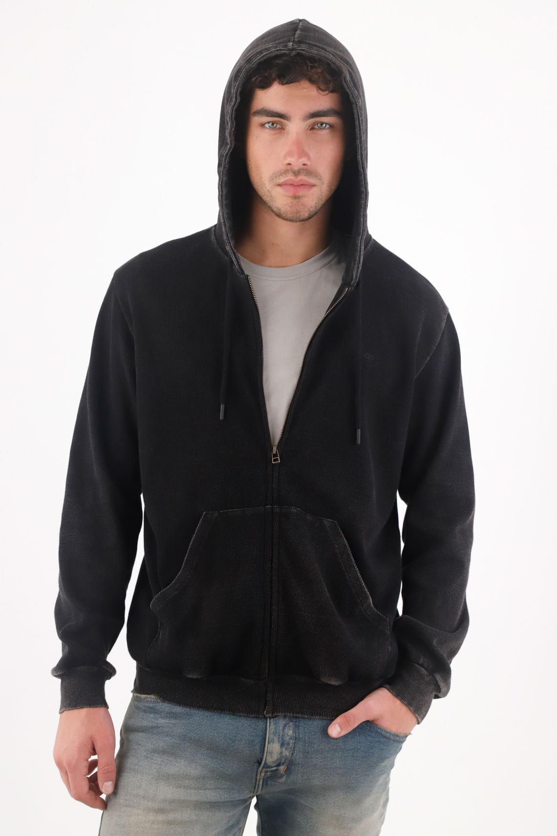 Buzo regular fit con efecto lavado en algodón negro para hombre