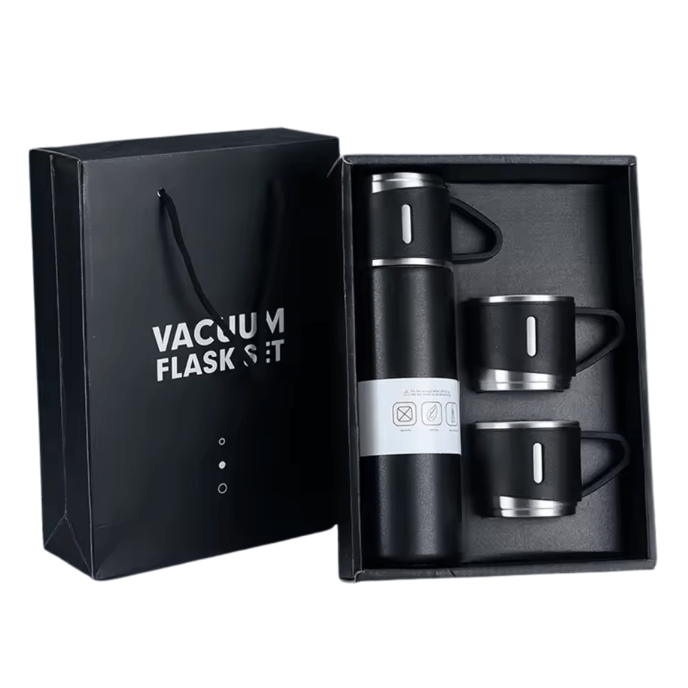 Termo Bebida Fria Caliente 500Ml + 3 Vasos Incluidos Acero Inoxidable Negro