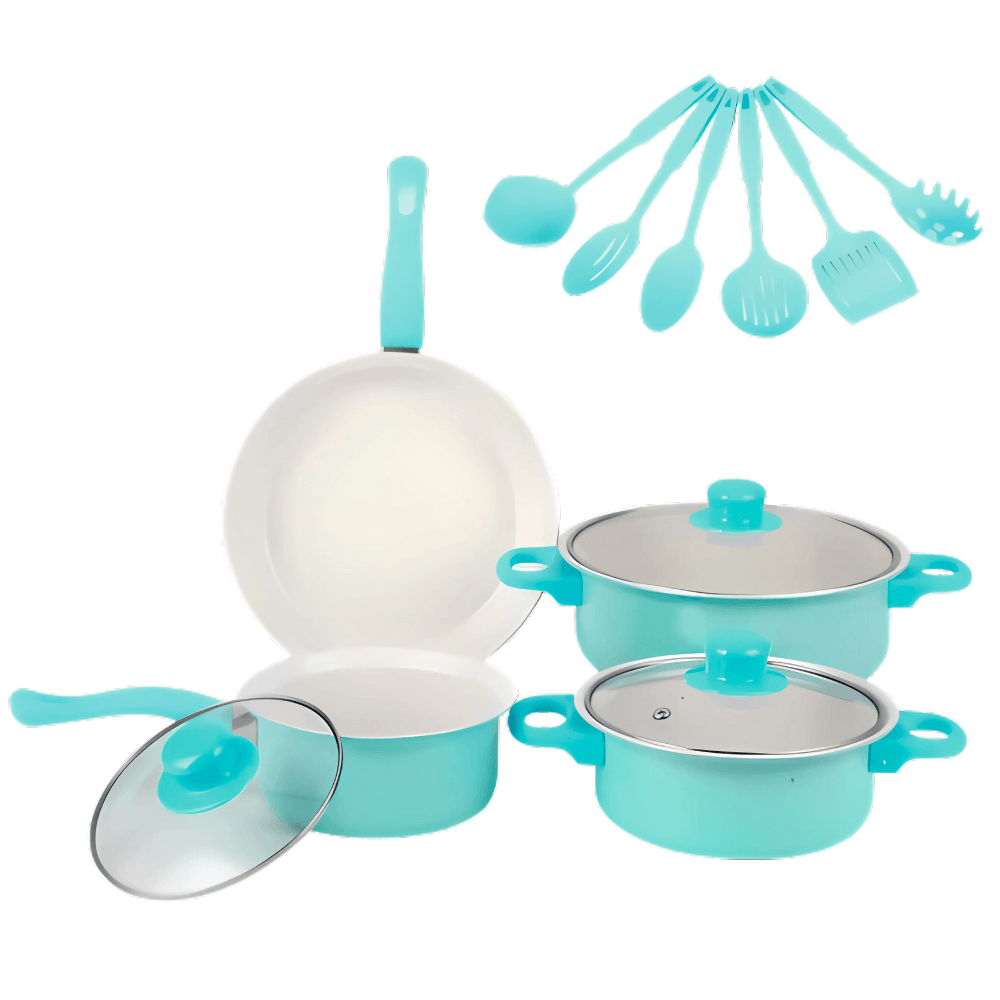 Set Juego Ollas Cocina Antiadherente 13pcs Bateria Utensilios Azul