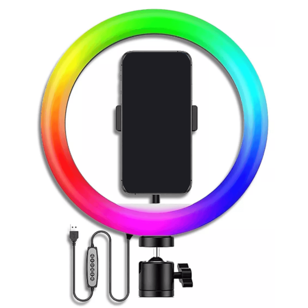Aro Luz Selfie RGB 26cm Camara Soporte Celular Videos Tripode