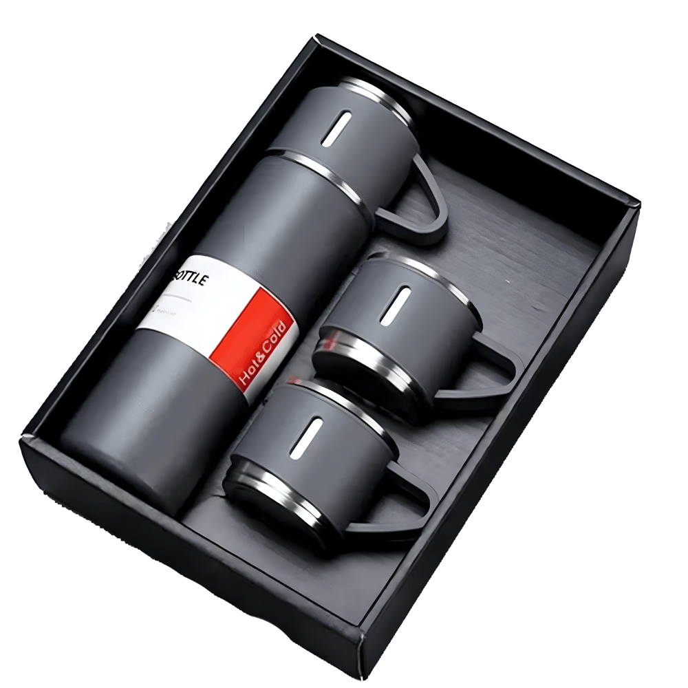 Termo Bebida Fria Caliente 500Ml + 3 Vasos Incluidos Acero Inoxidable Gris