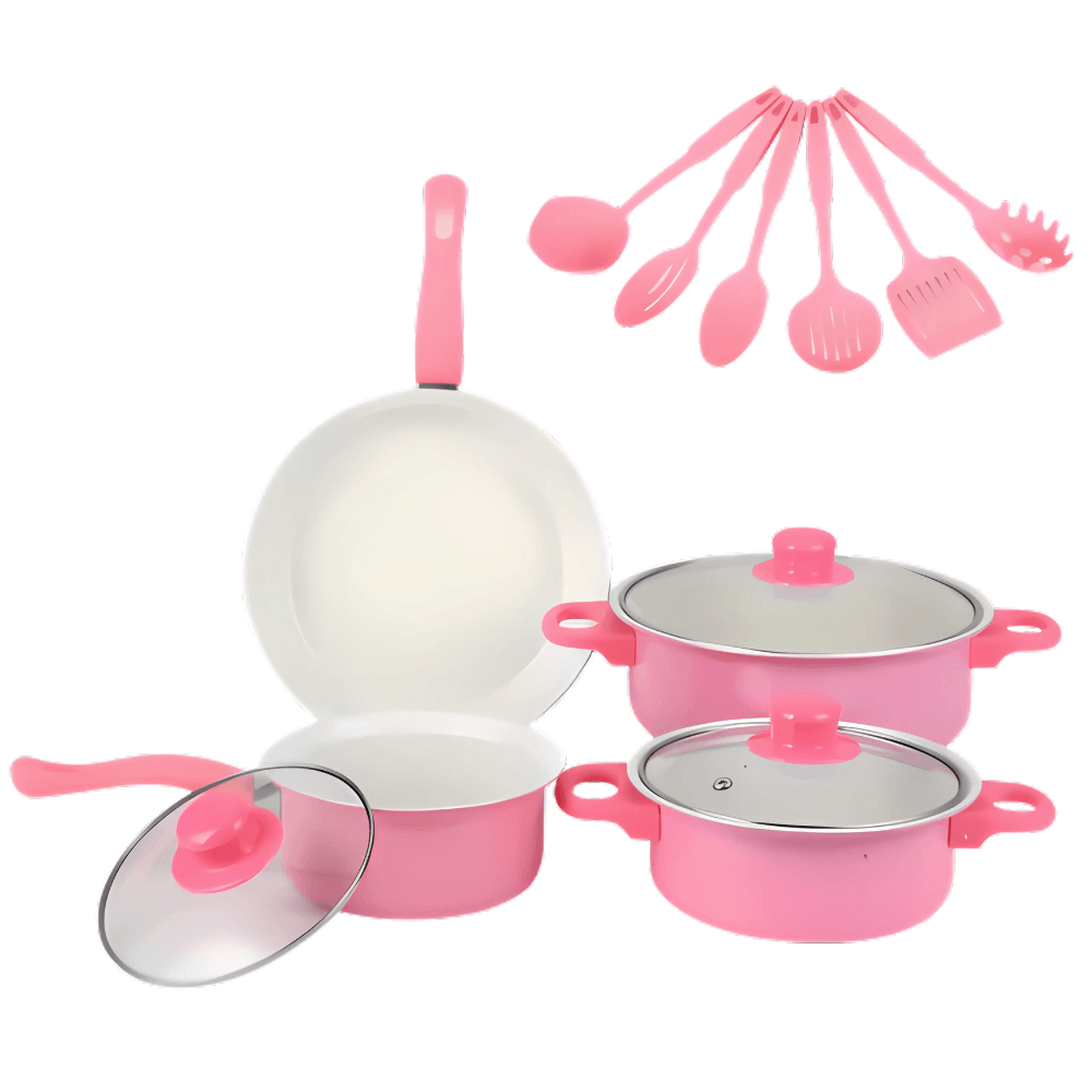 Set Juego Ollas Cocina Antiadherente 13pcs Bateria Utensilios Rosado