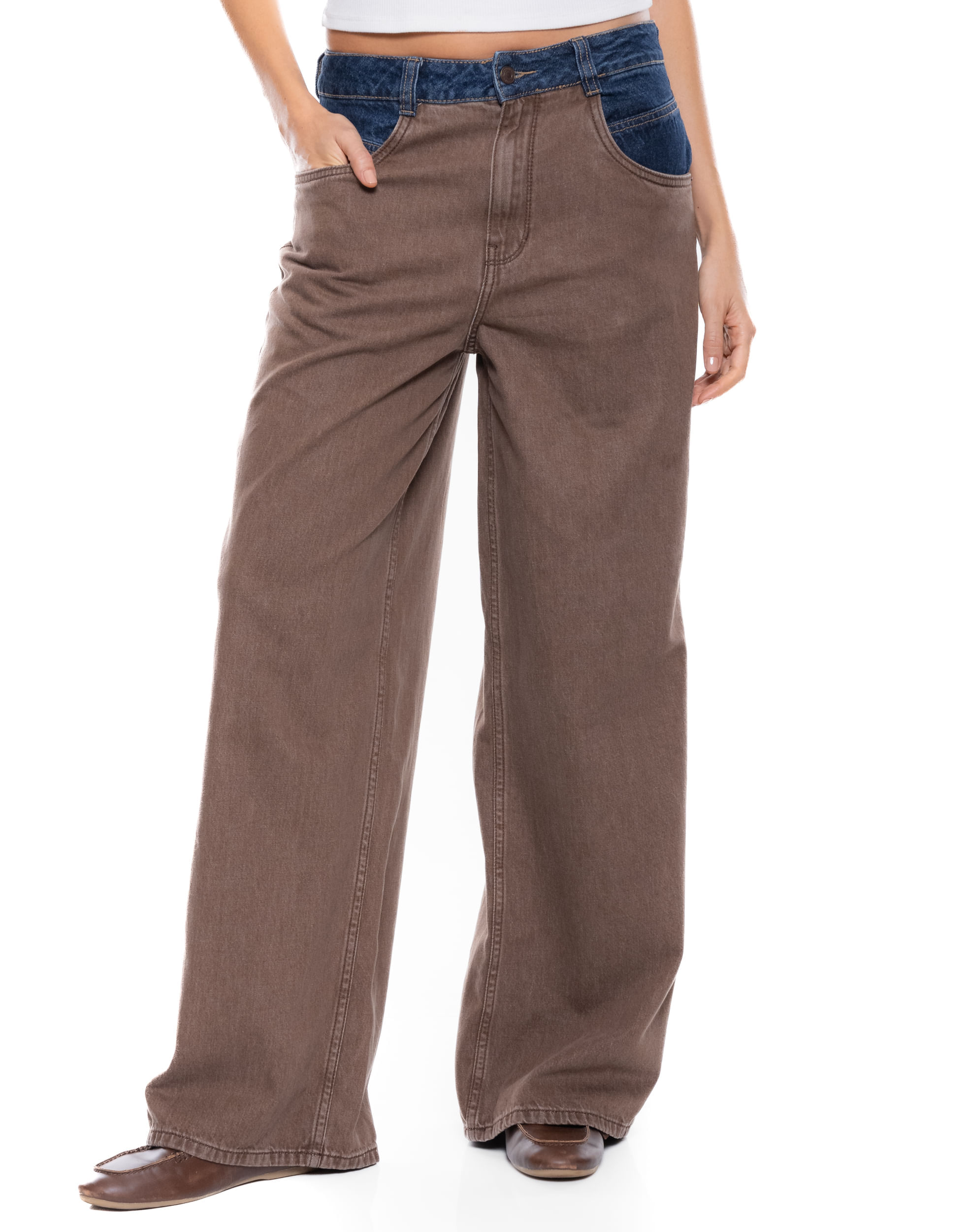 High Waist Wide Leg Jeans Con Contraste