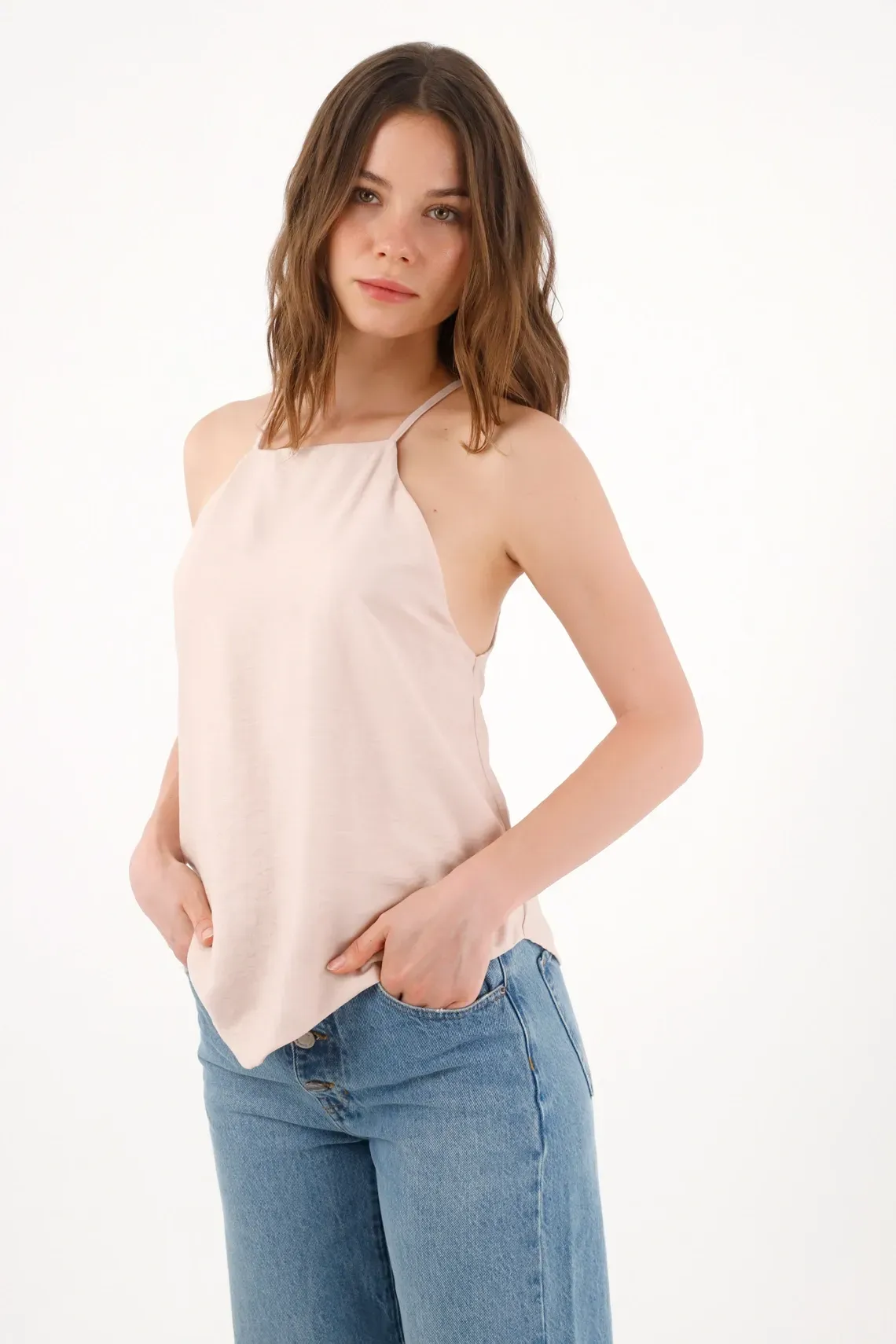 Top de ajuste relajado con tiras y escote alto en rosa para mujer
