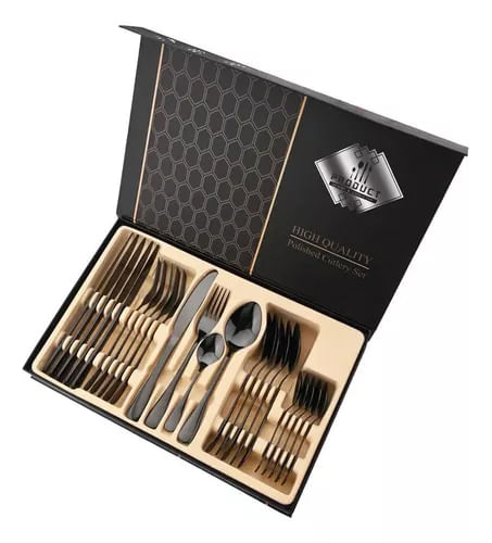 Set Cubiertos 24 Piezas 6 Puestos Acero Inoxidable Cocina Negro