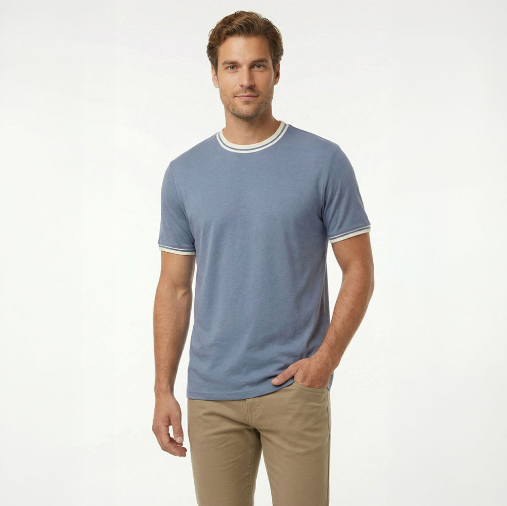 Camiseta azul manga corta hombre con cuello y puños blancos