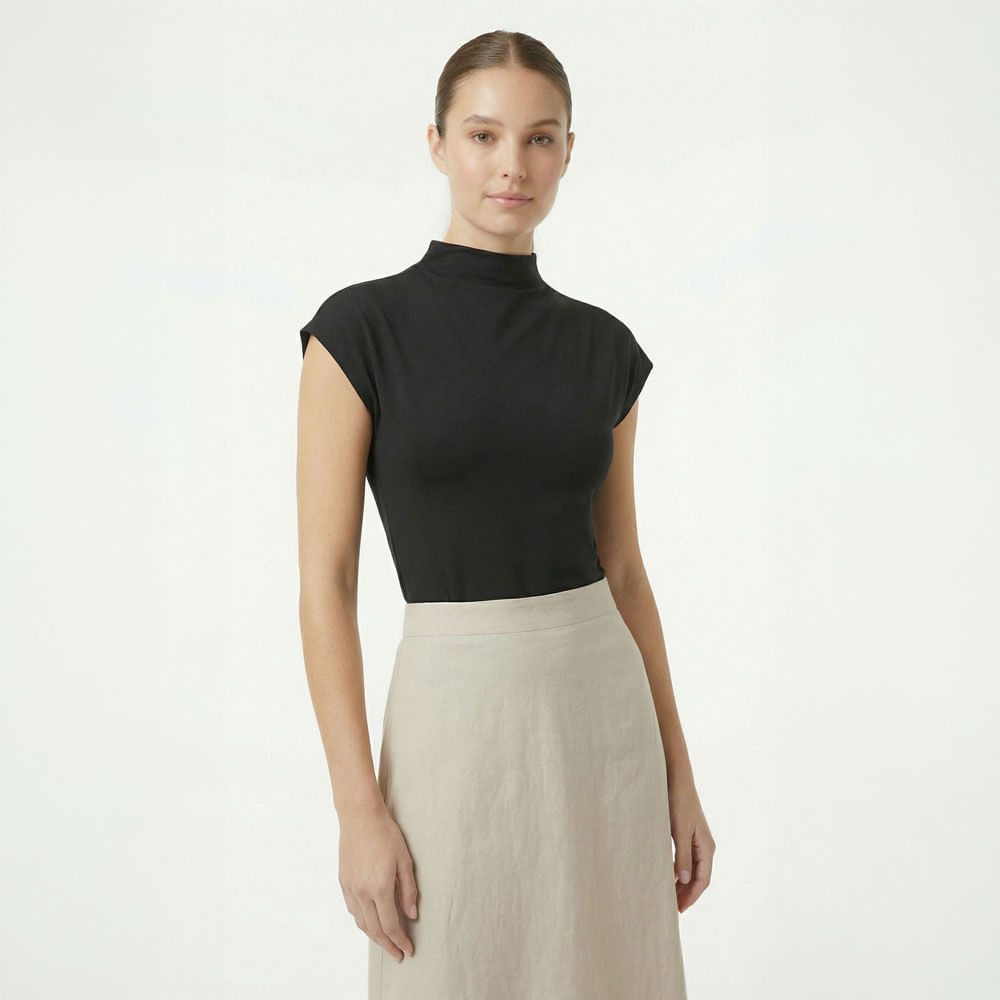 Blusa negra manga sisa cuello alto mujer