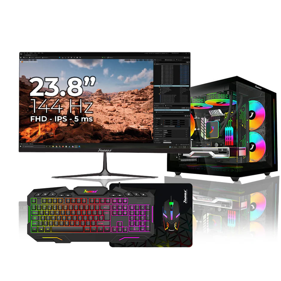 Computador Gamer Janus Amd Ryzen 7 5700G Memoria Ram 16Gb Rgb Ssd 1Tb M.2 Board A520M Fuente Janus 400W MONITOR 23.8" IPS / 144Hz / FULLHD