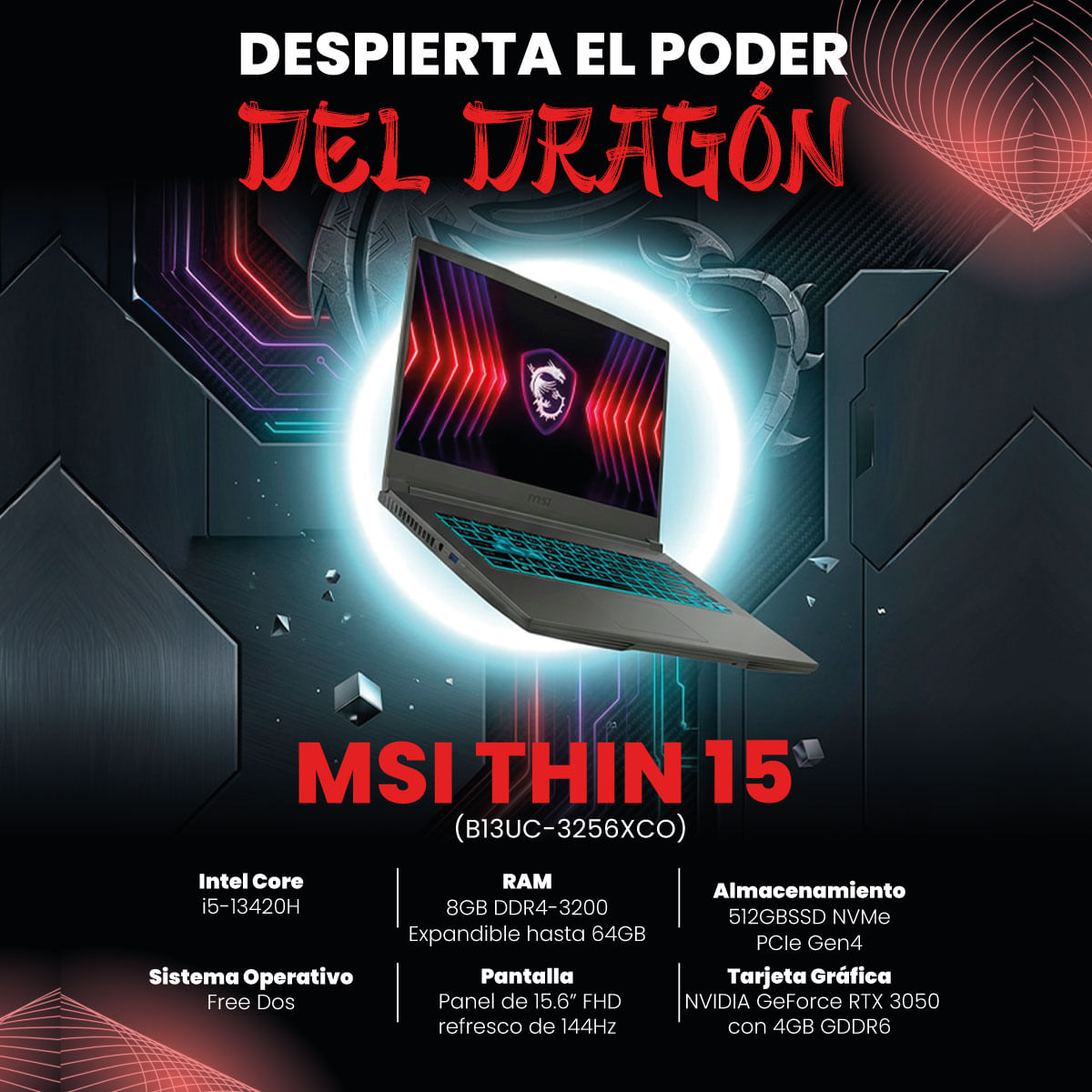 Portátil MSI Thin 15 15.6" 144Hz Core i5-13420H 8GB 512GB SSD RTX 3050