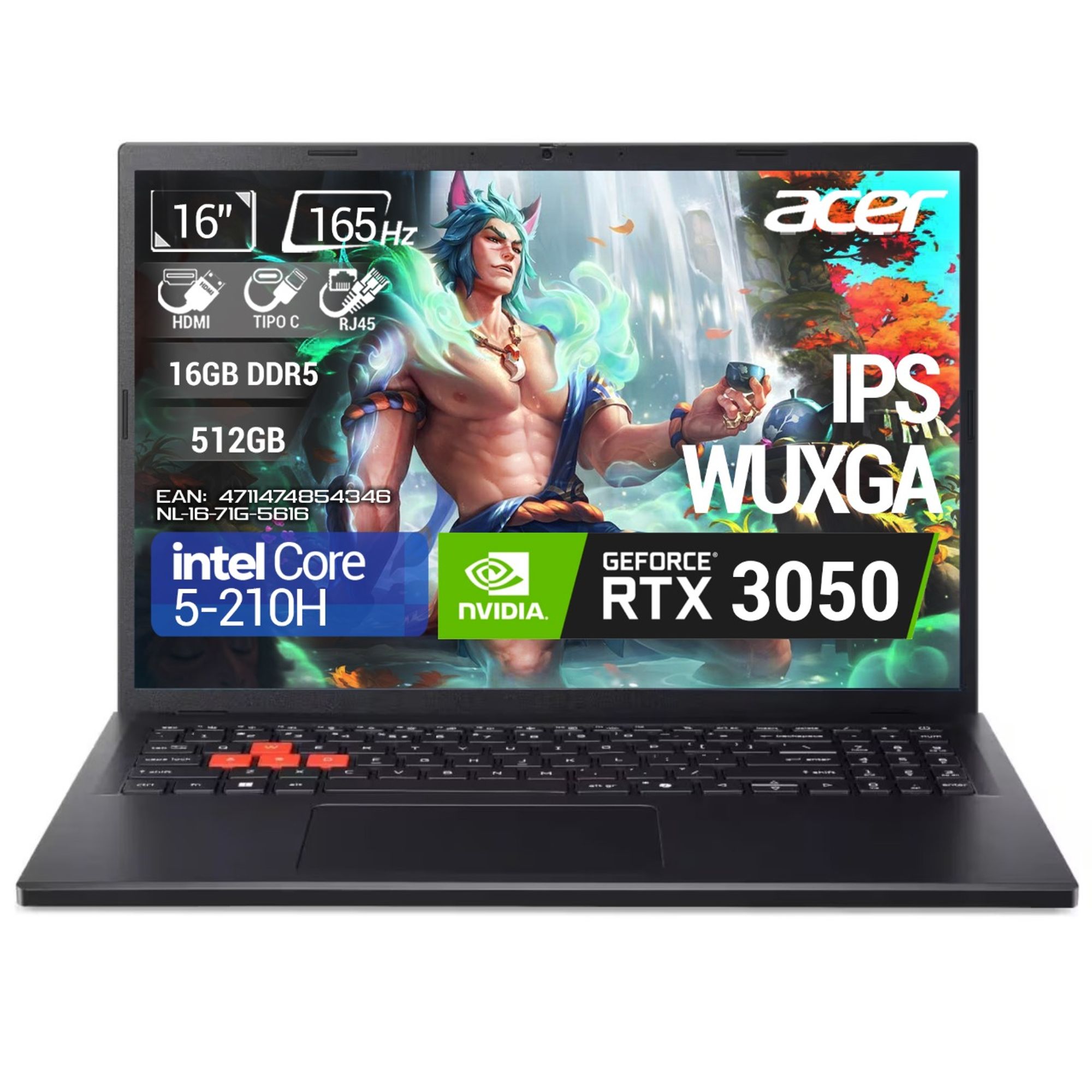Portátil Gamer ACER NITRO LITE 16" WUXGA IPS 165Hz Intel® Core™ 5- 210H -16GB RAM DDR5 - 512GB SSD |  RTX3050 6GB GDDR6
