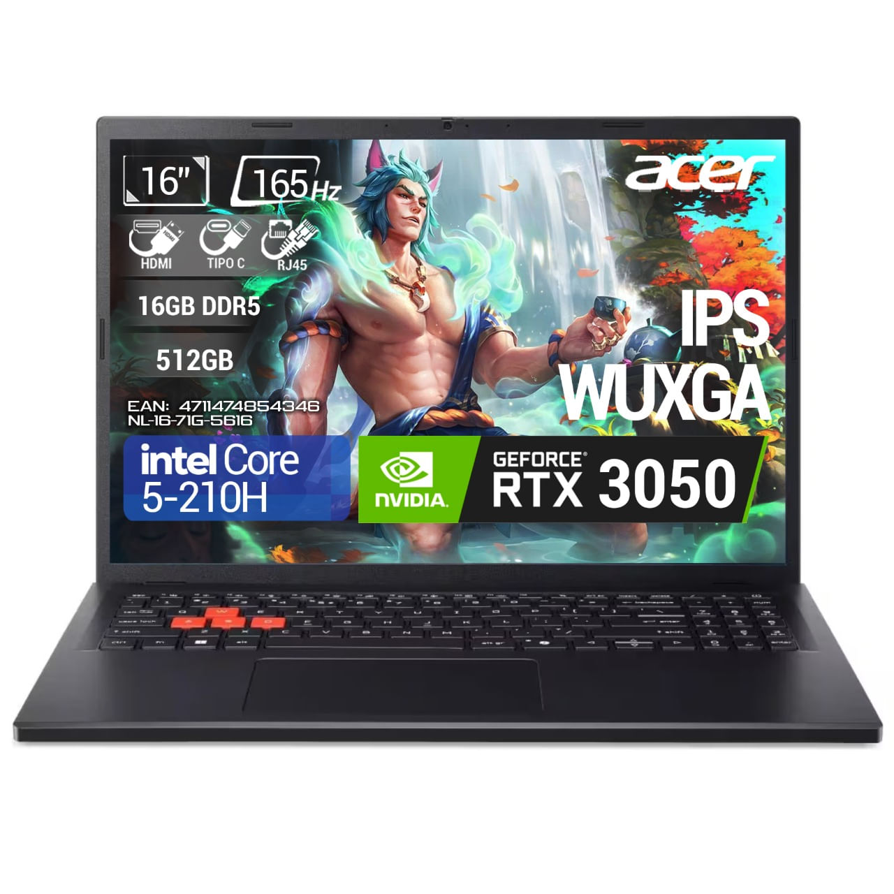 Portátil Gamer ACER NITRO LITE 16" WUXGA IPS 165Hz Intel® Core™ 5- 210H -16GB RAM DDR5 - 512GB SSD |  RTX3050 6GB GDDR6