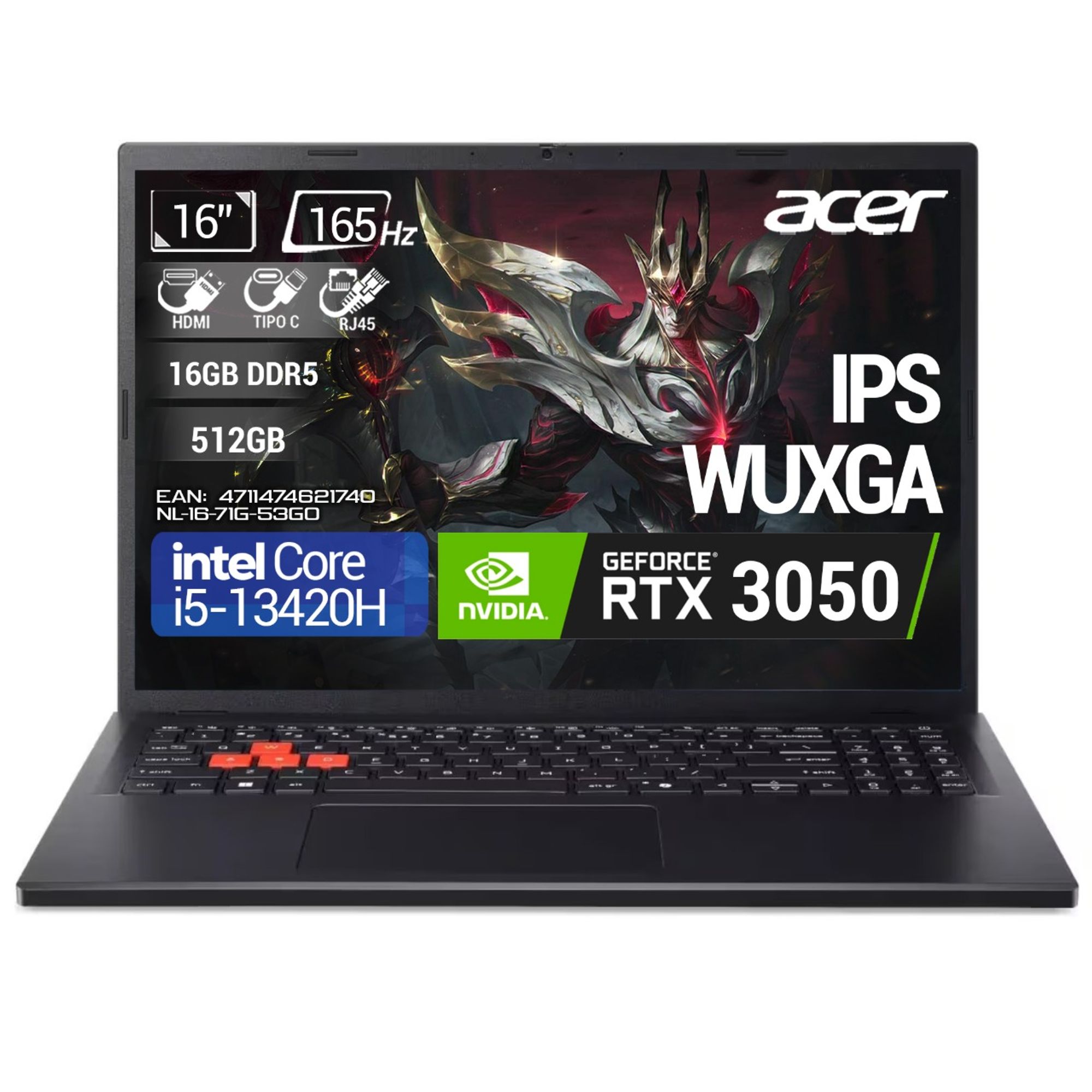 Portátil Gamer ACER NITRO LITE 16" WUXGA IPS 165Hz Intel® Core™ i5- 13420H -16GB RAM DDR5 - 512GB SSD -RTX3050 6GB GDDR6
