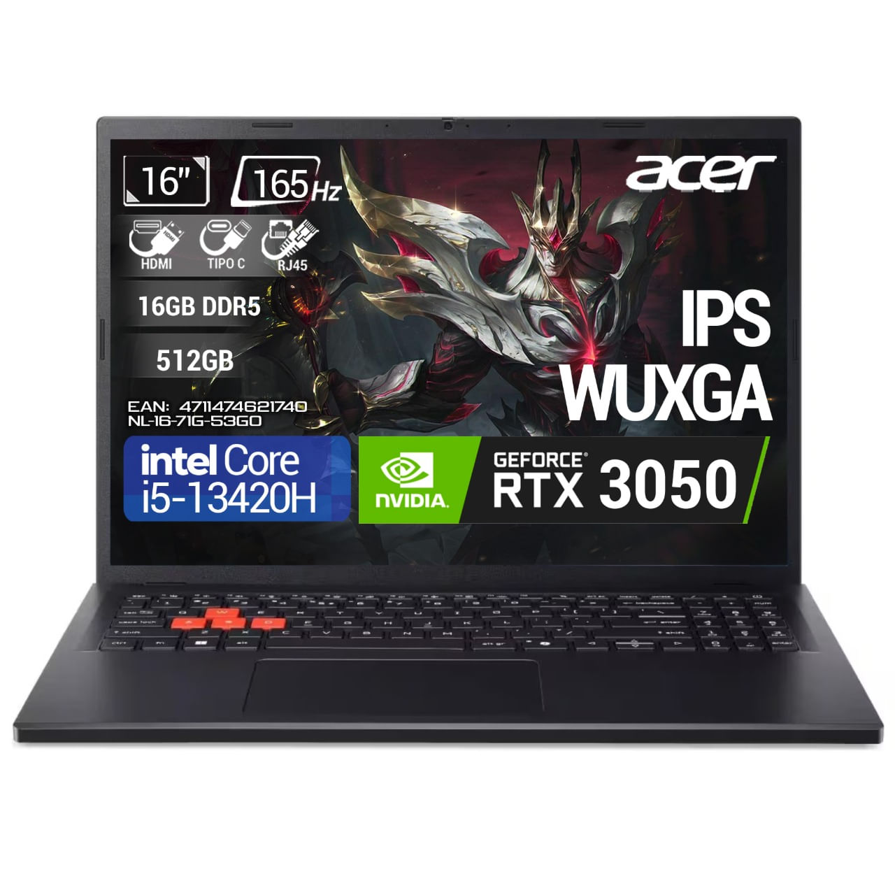 Portátil Gamer ACER NITRO LITE 16" WUXGA IPS 165Hz Intel® Core™ i5- 13420H -16GB RAM DDR5 - 512GB SSD -RTX3050 6GB GDDR6