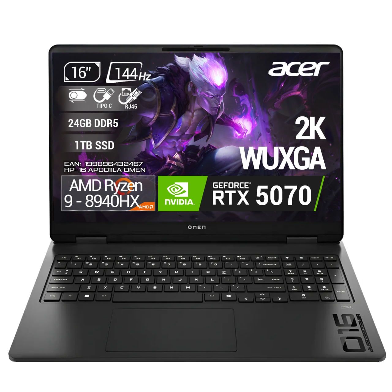 Computador Gamer HP 16-ap0011la AMD Ryzen 9-8940HX Ram 24GB - 1TB RTX 5070