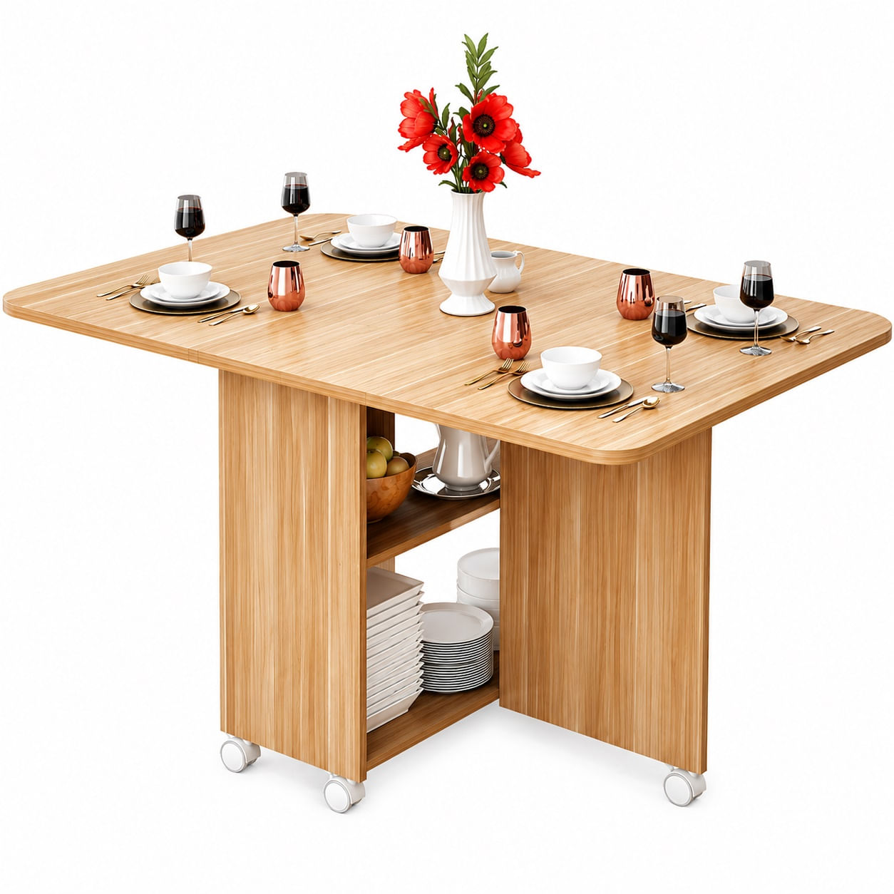 Mesa Plegable Multifuncional con Ruedas y Estantes de Almacenamiento