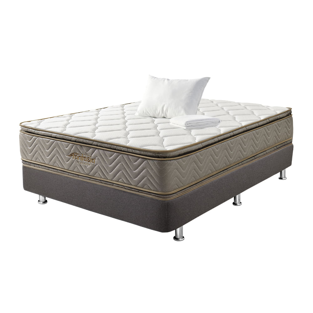 COMBO FANTASÍA COLCHON GALAXY 120X190CM + PROTECTOR+ BASE CAMA SOMIER PLUSS M2 LINO GRIS+ALMOHADA