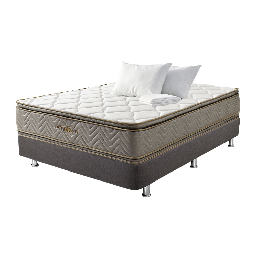 COMBO FANTASÍA COLCHON&nbsp;GALAXY 140X190CM + PROTECTOR + BASE CAMA SOMIER PLUSS M2 LINO GRIS+ 2 ALMOHADAS
